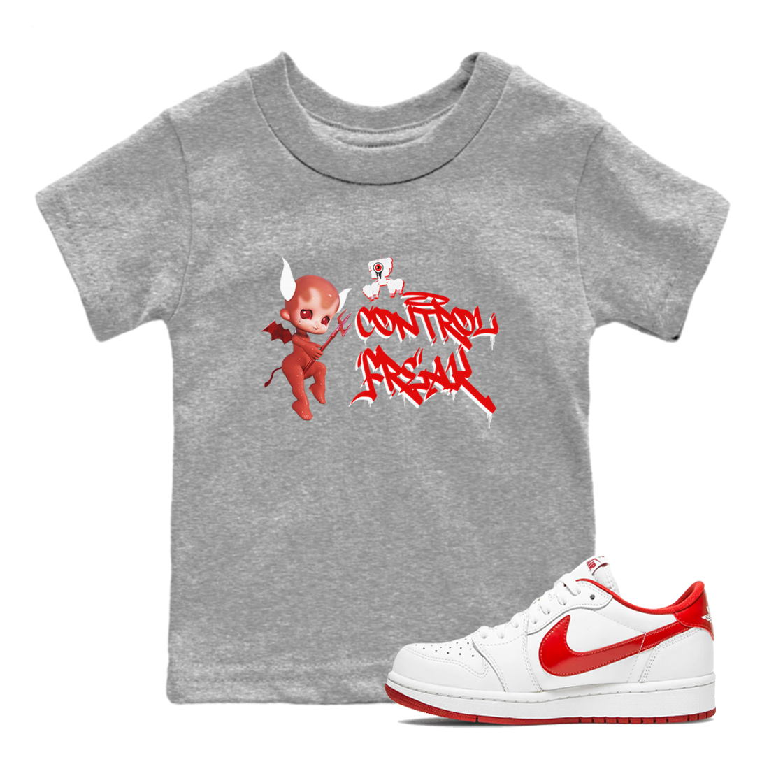 Air Jordan 1 University Red shirt to match jordans Control Freak sneaker tees Air Jordan 1 University Red Drip Gear Zone Casual Crew Neck T-Shirt Baby Toddler Heather Grey 1 T-Shirt
