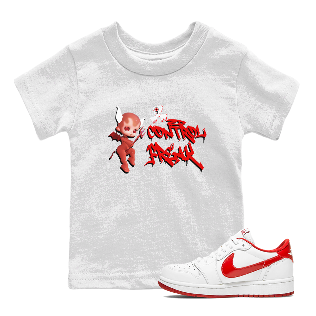 Air Jordan 1 University Red shirt to match jordans Control Freak sneaker tees Air Jordan 1 University Red Drip Gear Zone Casual Crew Neck T-Shirt Baby Toddler White 1 T-Shirt