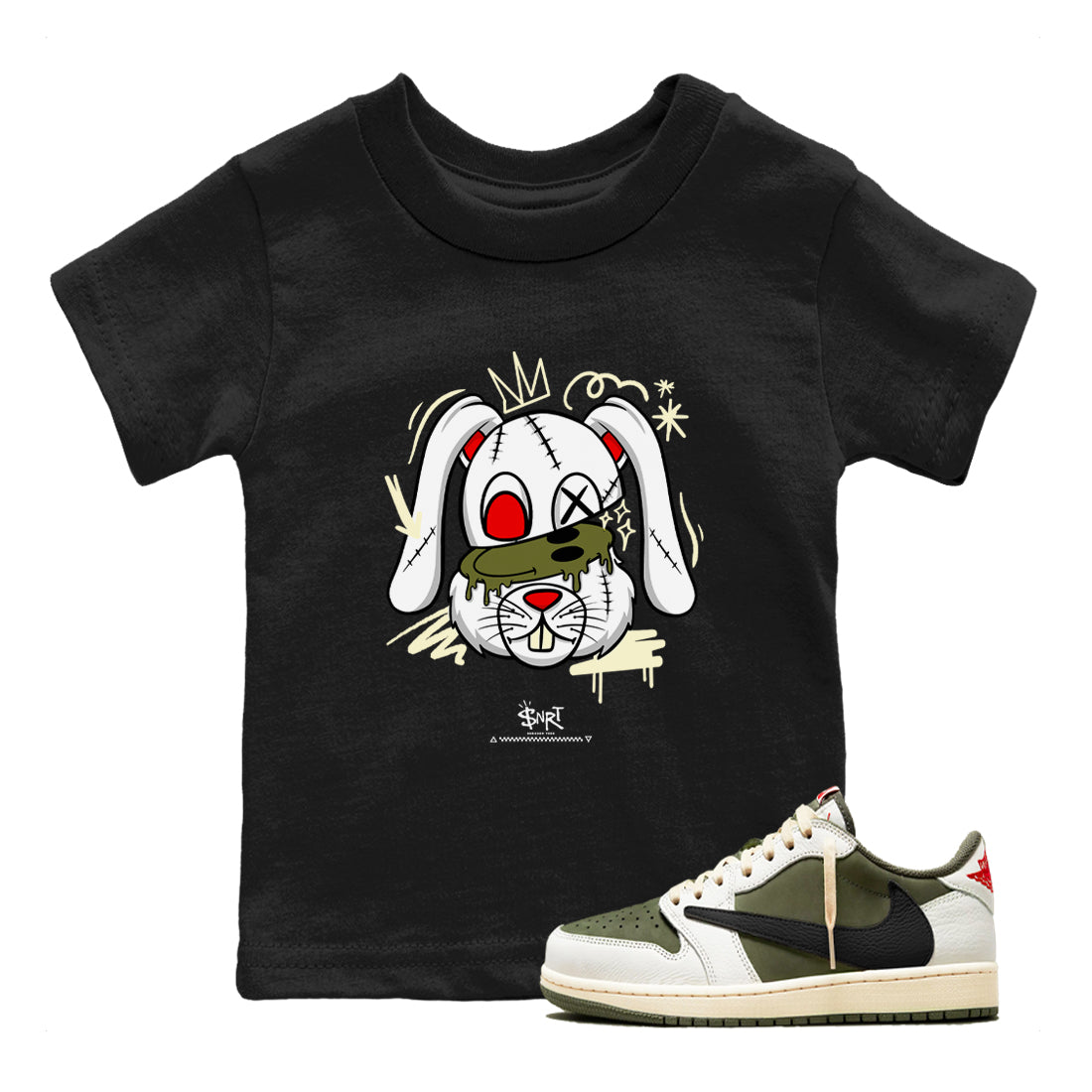 1s Travis Scott Medium Olive shirts to match jordans Crazy Bunny sneaker match tees Air Jordan 1 Travis Scott Medium Olive Drip Gear Zone streetwear brand Baby and Youth Black 1 cotton tee