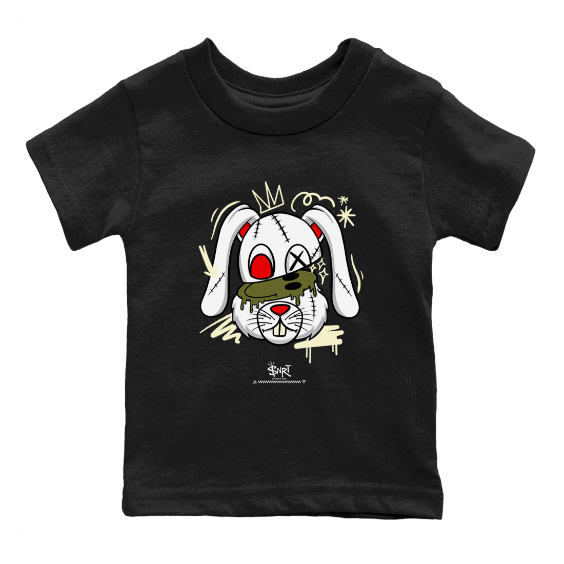 1s Travis Scott Medium Olive shirts to match jordans Crazy Bunny sneaker match tees Air Jordan 1 Travis Scott Medium Olive Drip Gear Zone streetwear brand Baby and Youth Black 2 cotton tee
