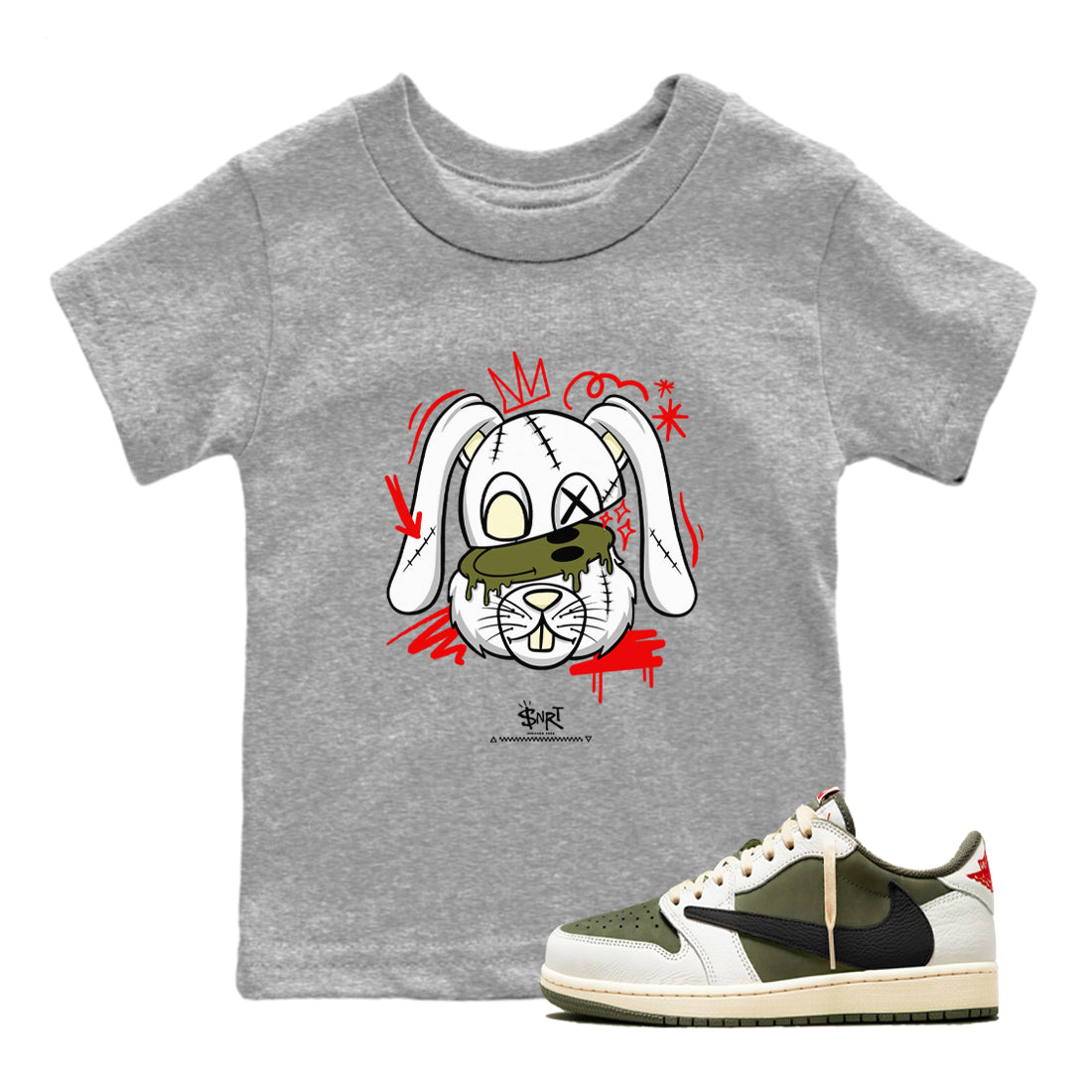 1s Travis Scott Medium Olive shirts to match jordans Crazy Bunny sneaker match tees Air Jordan 1 Travis Scott Medium Olive Drip Gear Zone streetwear brand Baby and Youth Heather Grey 1 cotton tee