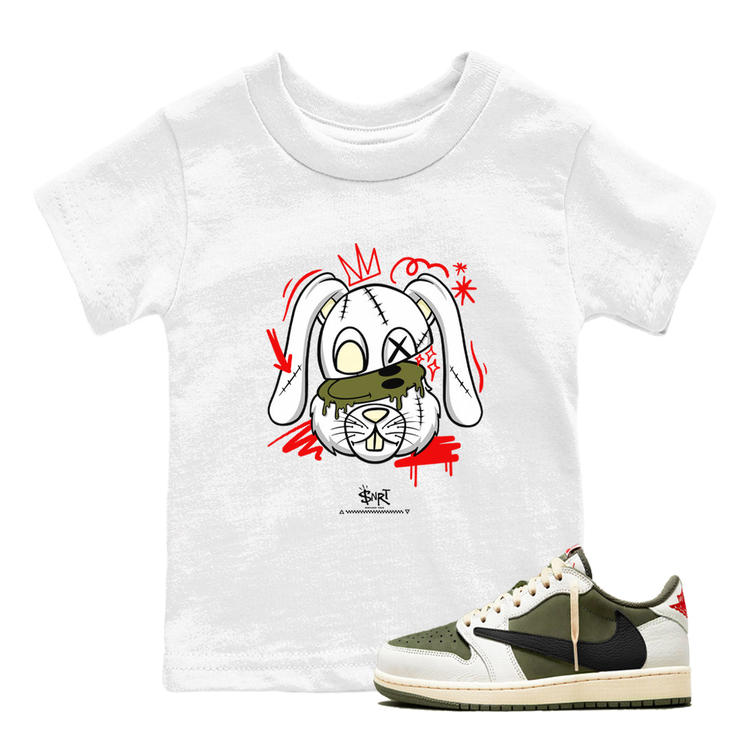 1s Travis Scott Medium Olive shirts to match jordans Crazy Bunny sneaker match tees Air Jordan 1 Travis Scott Medium Olive Drip Gear Zone streetwear brand Baby and Youth White 1 cotton tee
