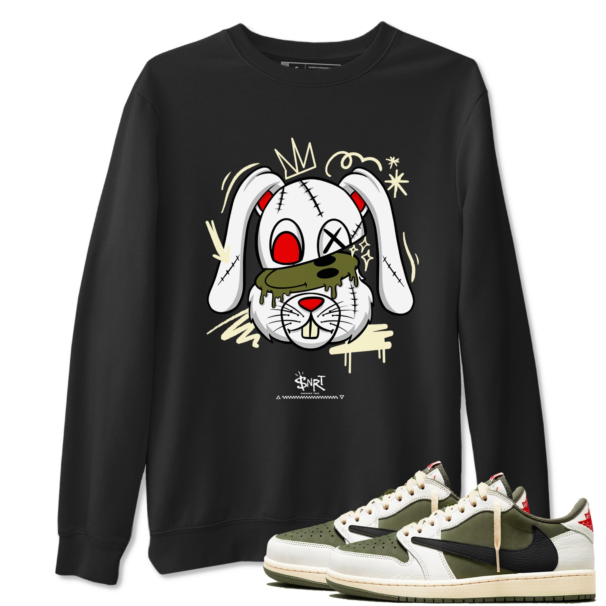 1s Travis Scott Medium Olive shirts to match jordans Crazy Bunny sneaker match tees Air Jordan 1 Travis Scott Medium Olive Drip Gear Zone streetwear brand Black 1 unisex cotton tee