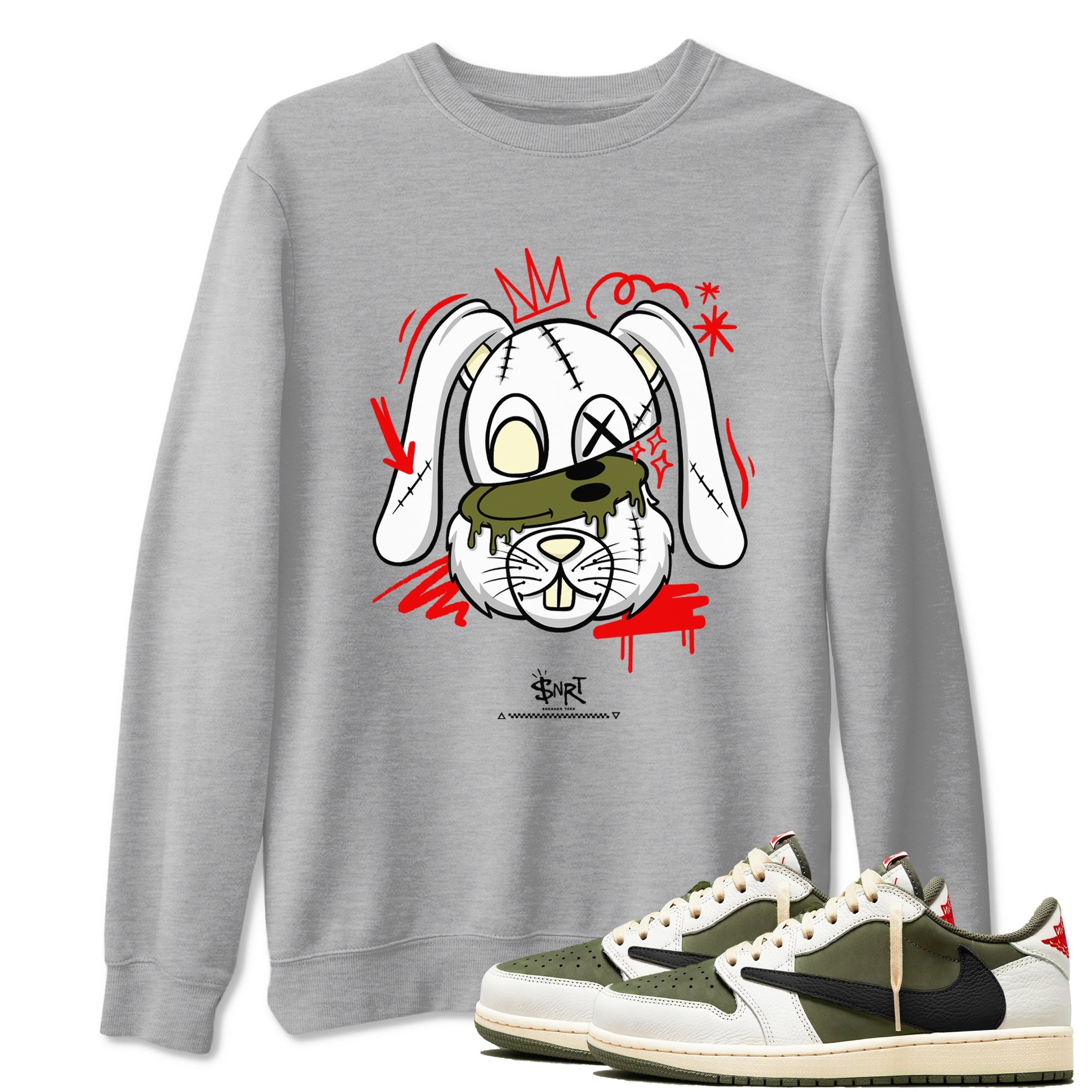 1s Travis Scott Medium Olive shirts to match jordans Crazy Bunny sneaker match tees Air Jordan 1 Travis Scott Medium Olive Drip Gear Zone streetwear brand Heather Grey 1 unisex cotton tee