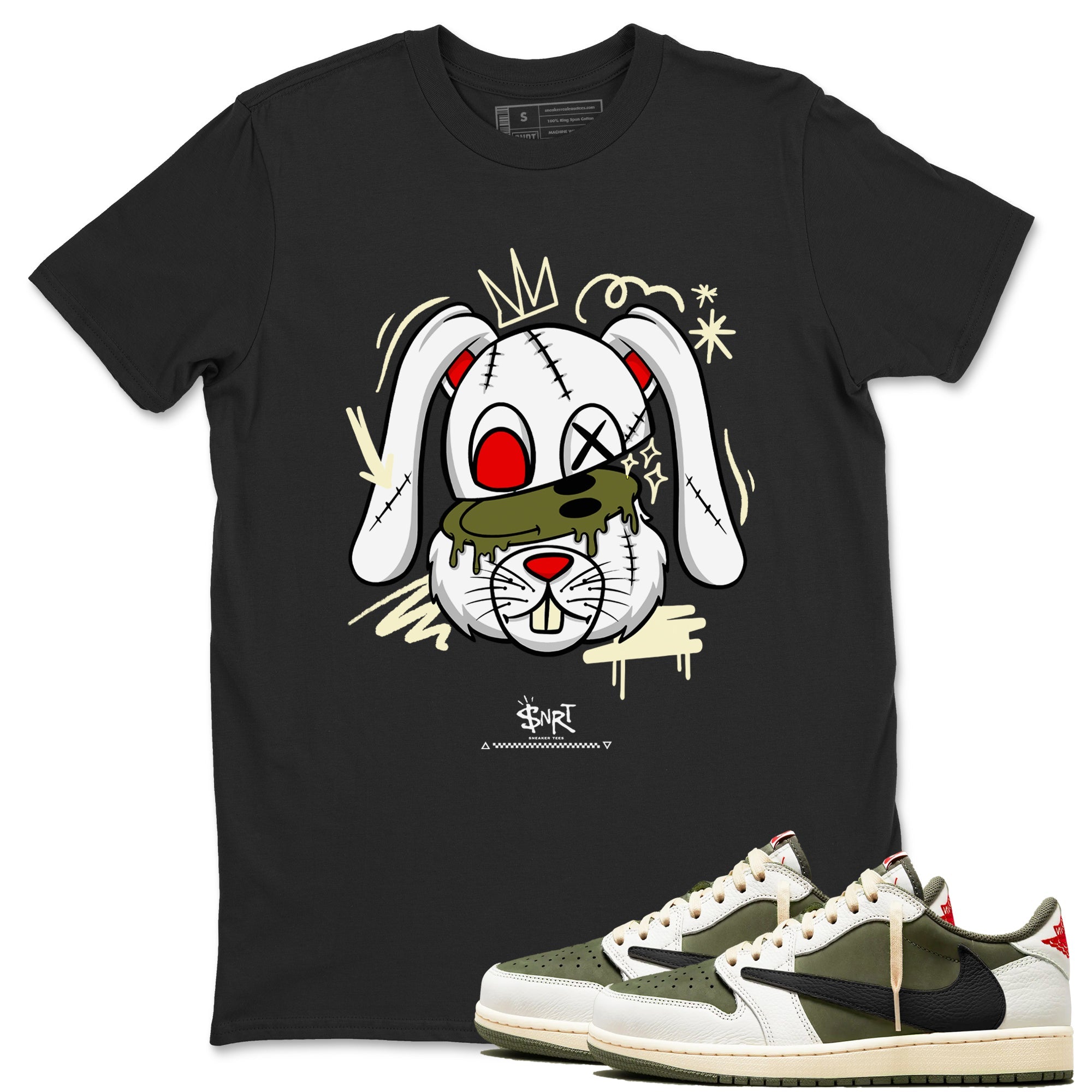 1s Travis Scott Medium Olive shirts to match jordans Crazy Bunny sneaker match tees Air Jordan 1 Travis Scott Medium Olive Drip Gear Zone streetwear brand Black 1 unisex cotton tee