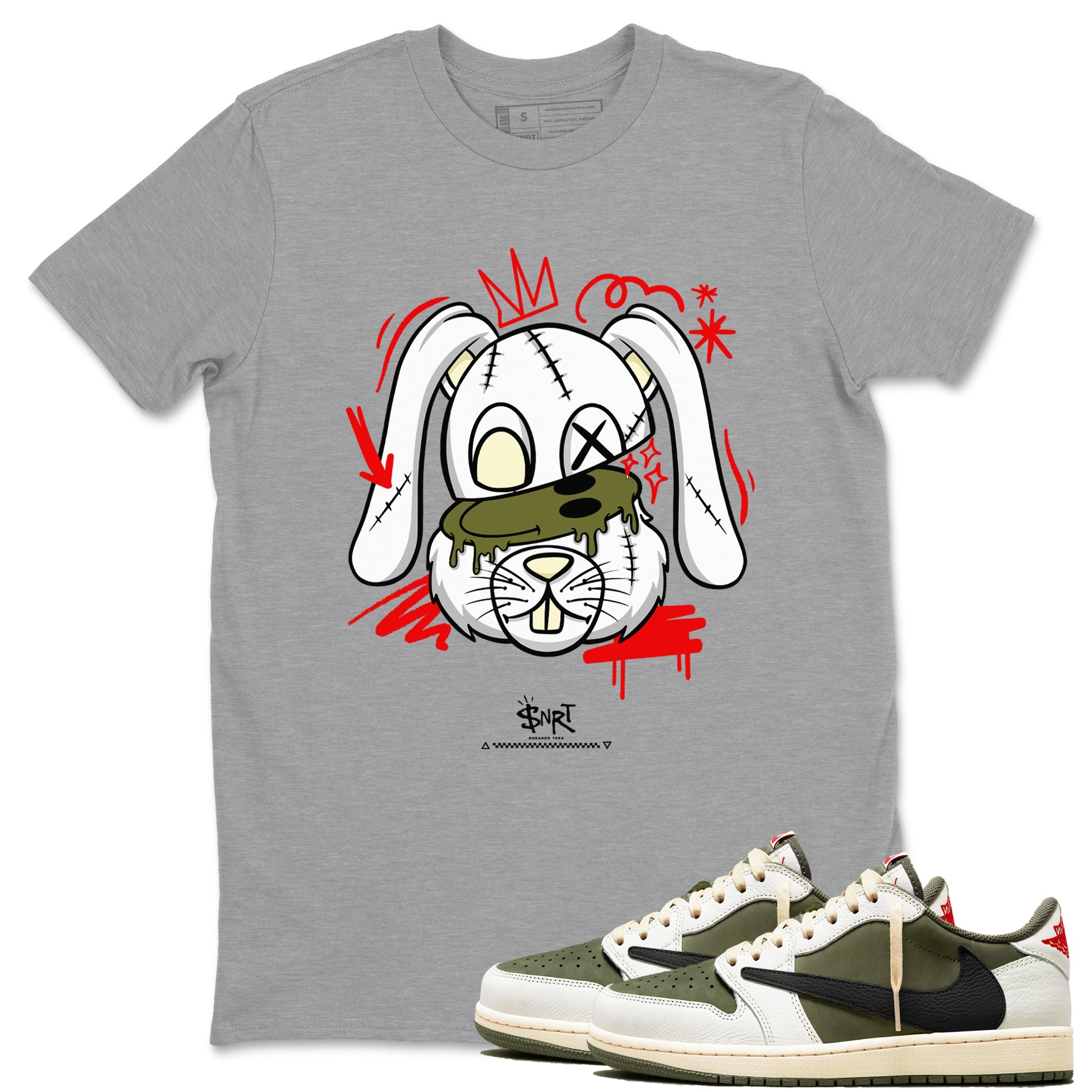 1s Travis Scott Medium Olive shirts to match jordans Crazy Bunny sneaker match tees Air Jordan 1 Travis Scott Medium Olive Drip Gear Zone streetwear brand Heather Grey 1 unisex cotton tee
