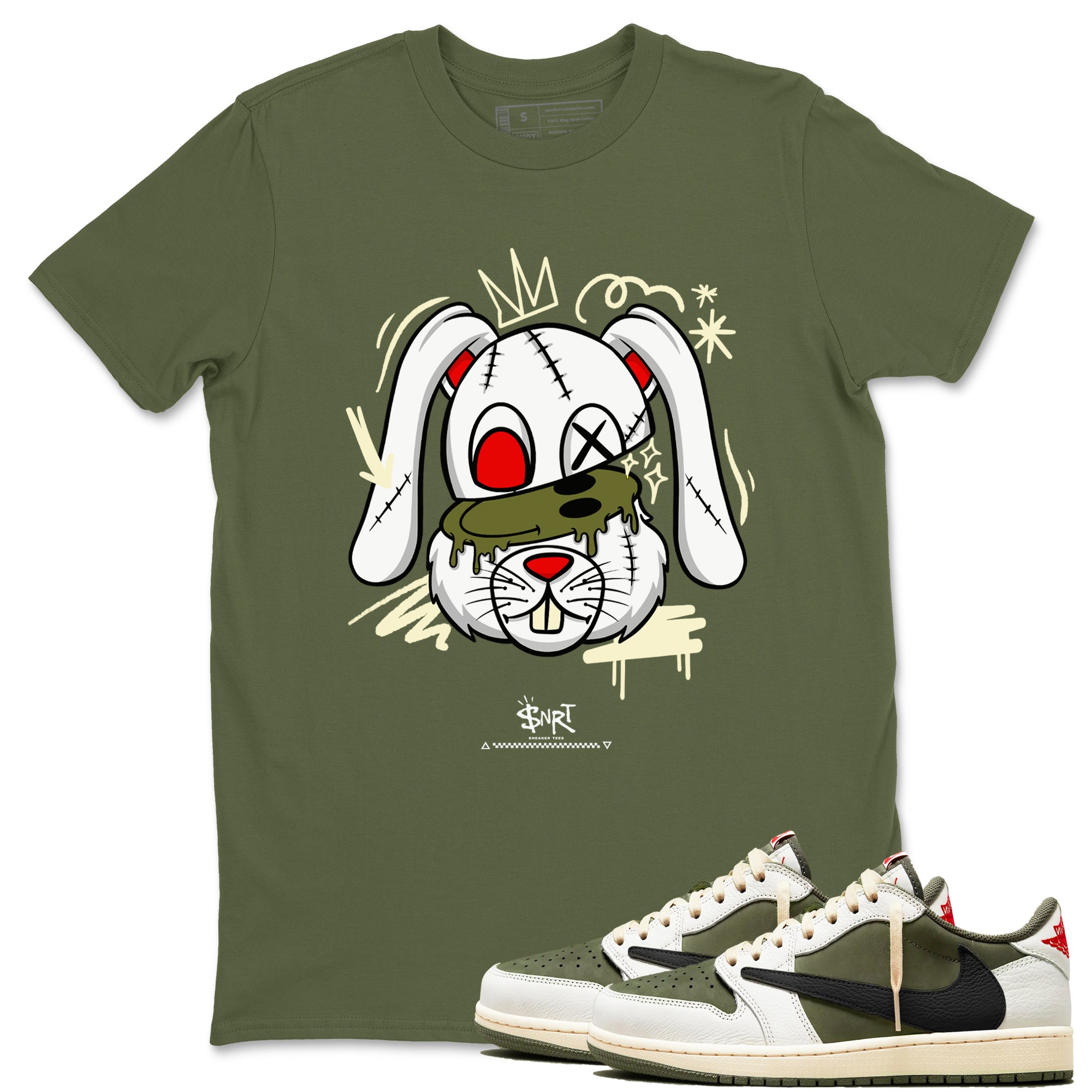 1s Travis Scott Medium Olive shirts to match jordans Crazy Bunny sneaker match tees Air Jordan 1 Travis Scott Medium Olive Drip Gear Zone streetwear brand Military Green 1 unisex cotton tee
