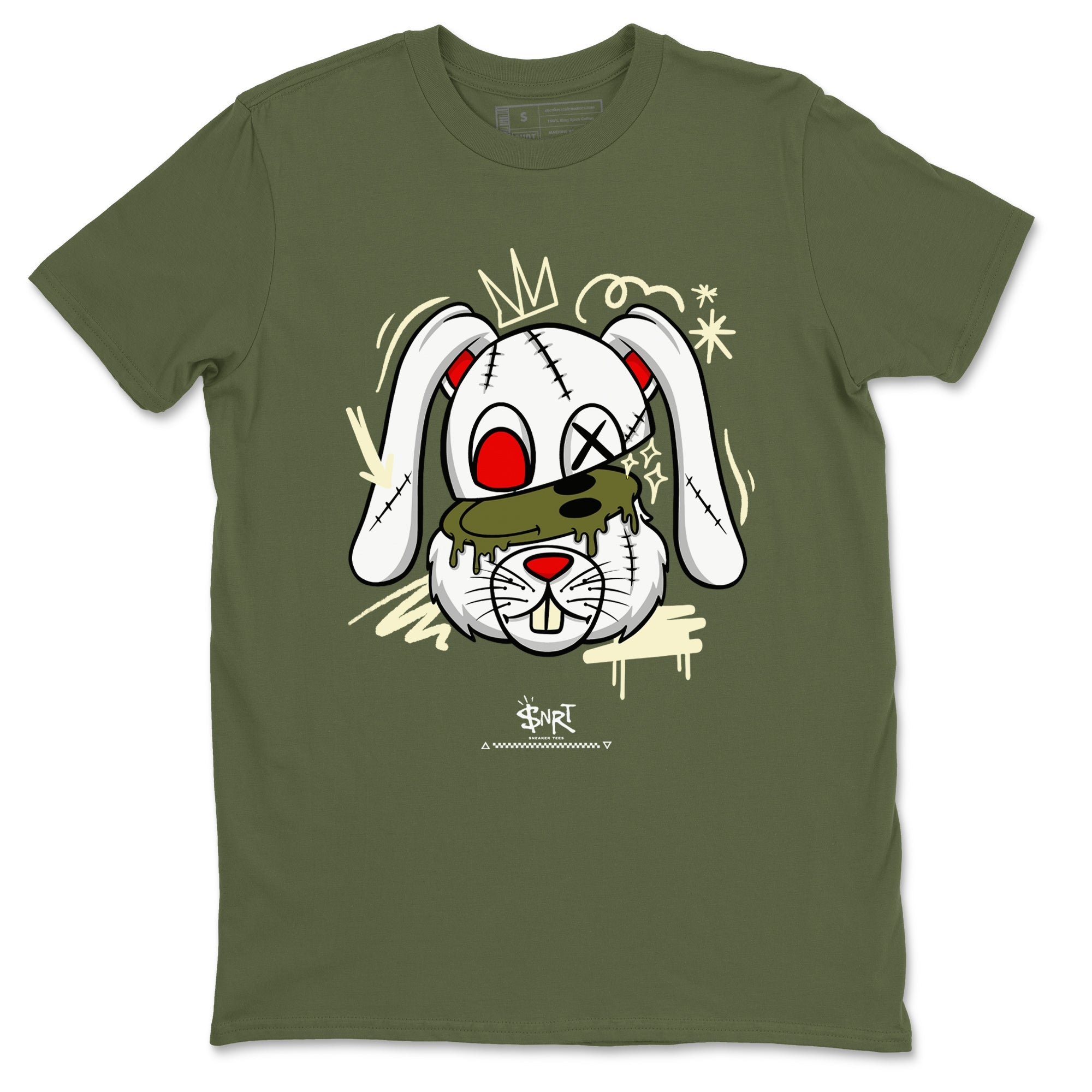 1s Travis Scott Medium Olive shirts to match jordans Crazy Bunny sneaker match tees Air Jordan 1 Travis Scott Medium Olive Drip Gear Zone streetwear brand Military Green 2 unisex cotton tee
