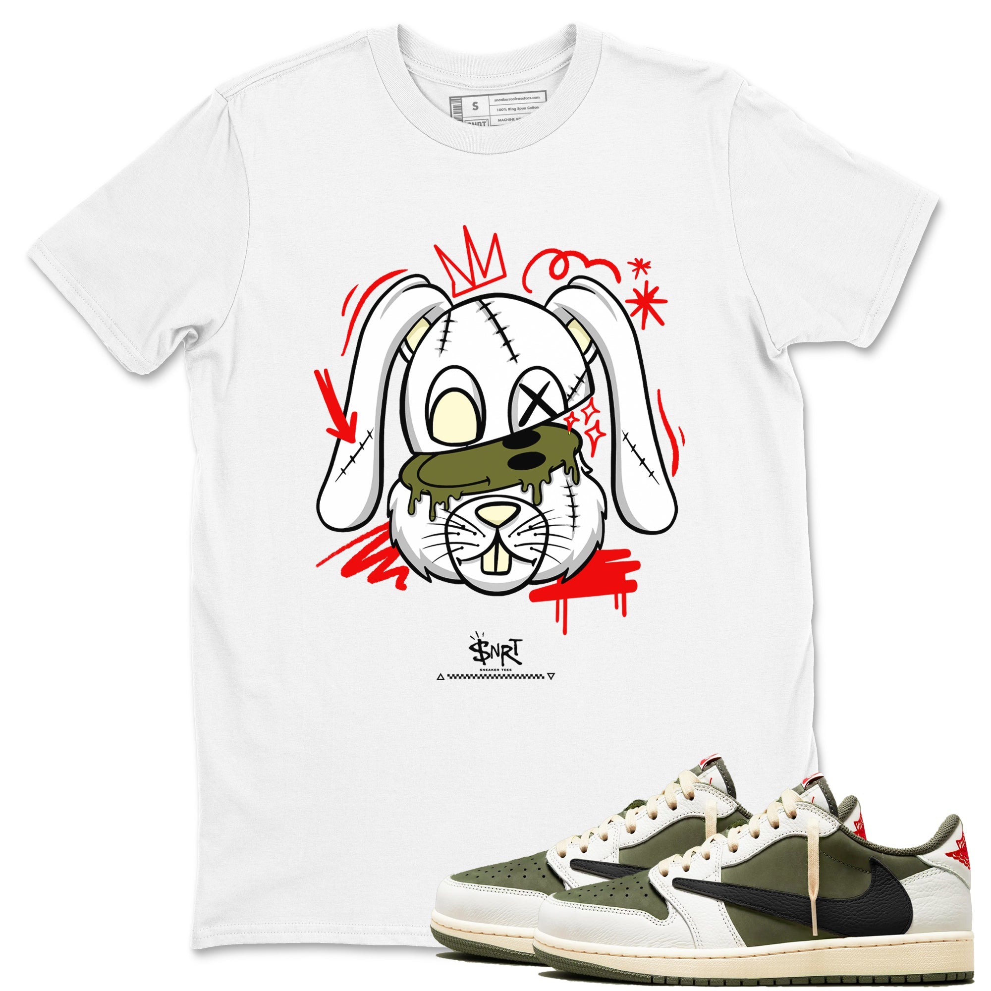 1s Travis Scott Medium Olive shirts to match jordans Crazy Bunny sneaker match tees Air Jordan 1 Travis Scott Medium Olive Drip Gear Zone streetwear brand White 1 unisex cotton tee