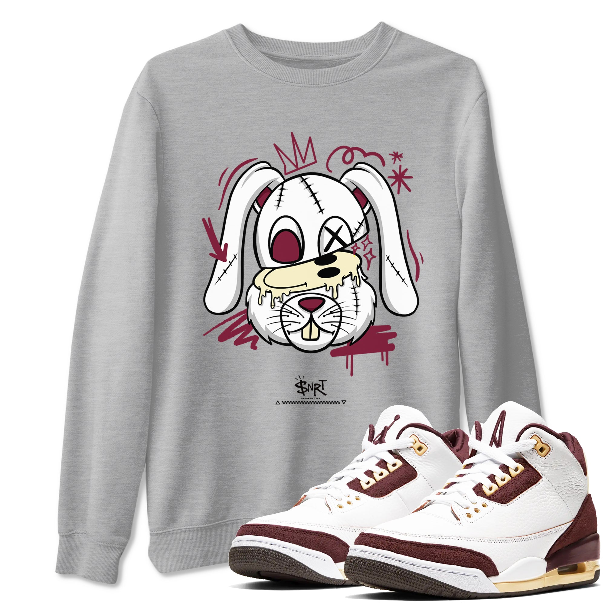 3s A Ma Maniere x Burgundy Crush shirts to match jordans Crazy Bunny sneaker match tees Air Jordan 3 A Ma Maniere x Burgundy Crush Drip Gear Zone streetwear brand Heather Grey 1 unisex cotton tee