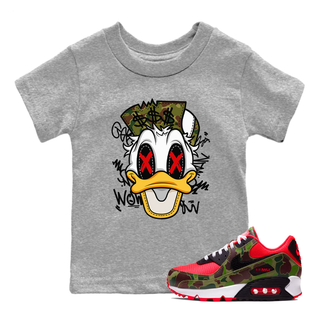 Air Max 90 Duck Camo shirts to match jordans Crazy Duck sneaker match tees Air Max 90 Reverse Duck Camo match shoes to clothes Drip Gear Zone Youth Baby Heather Grey 1 tee