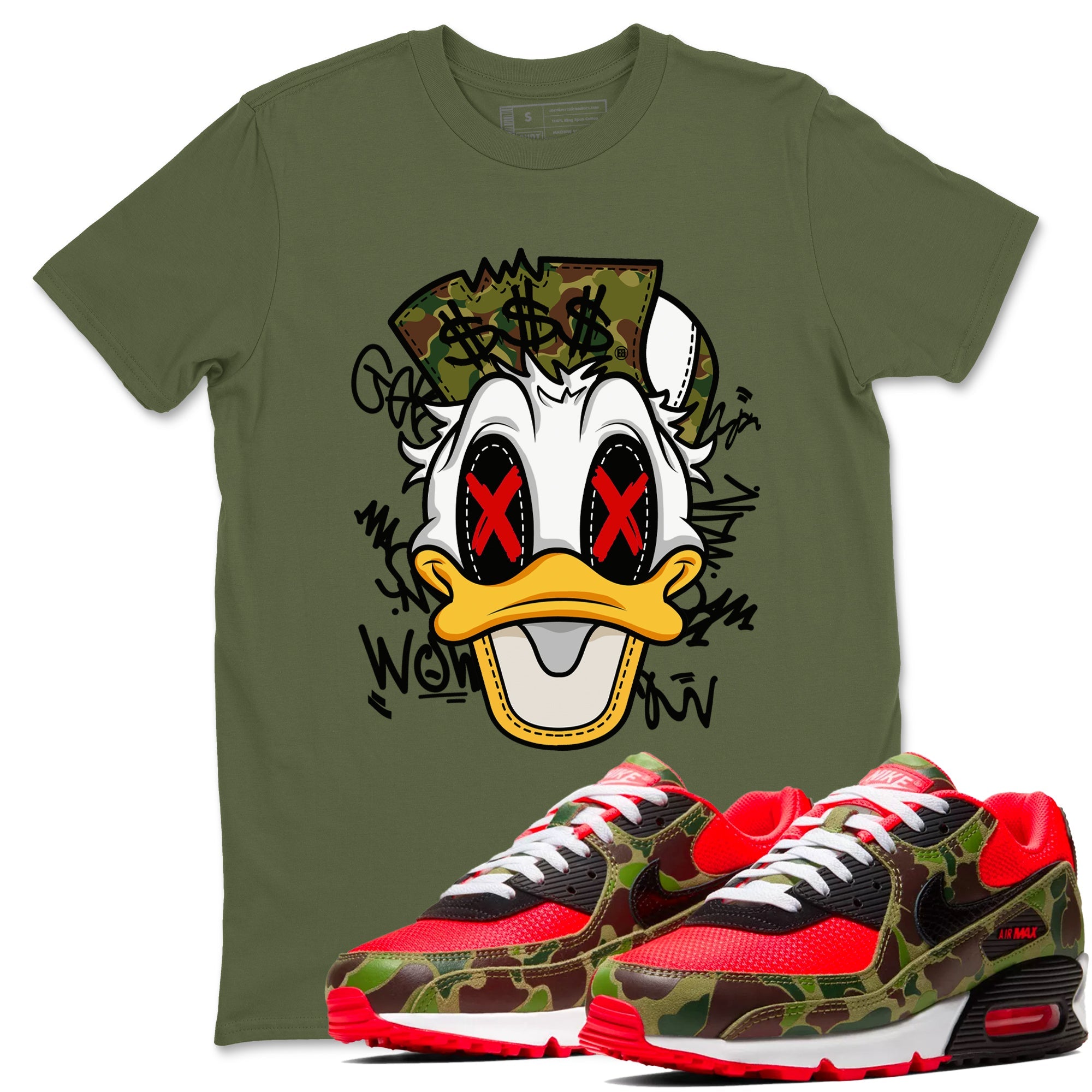 Air Max 90 Duck Camo shirts to match jordans Crazy Duck sneaker match tees Air Max 90 Reverse Duck Camo match shoes to clothes Drip Gear Zone unisex cotton Military Green 1 shirts