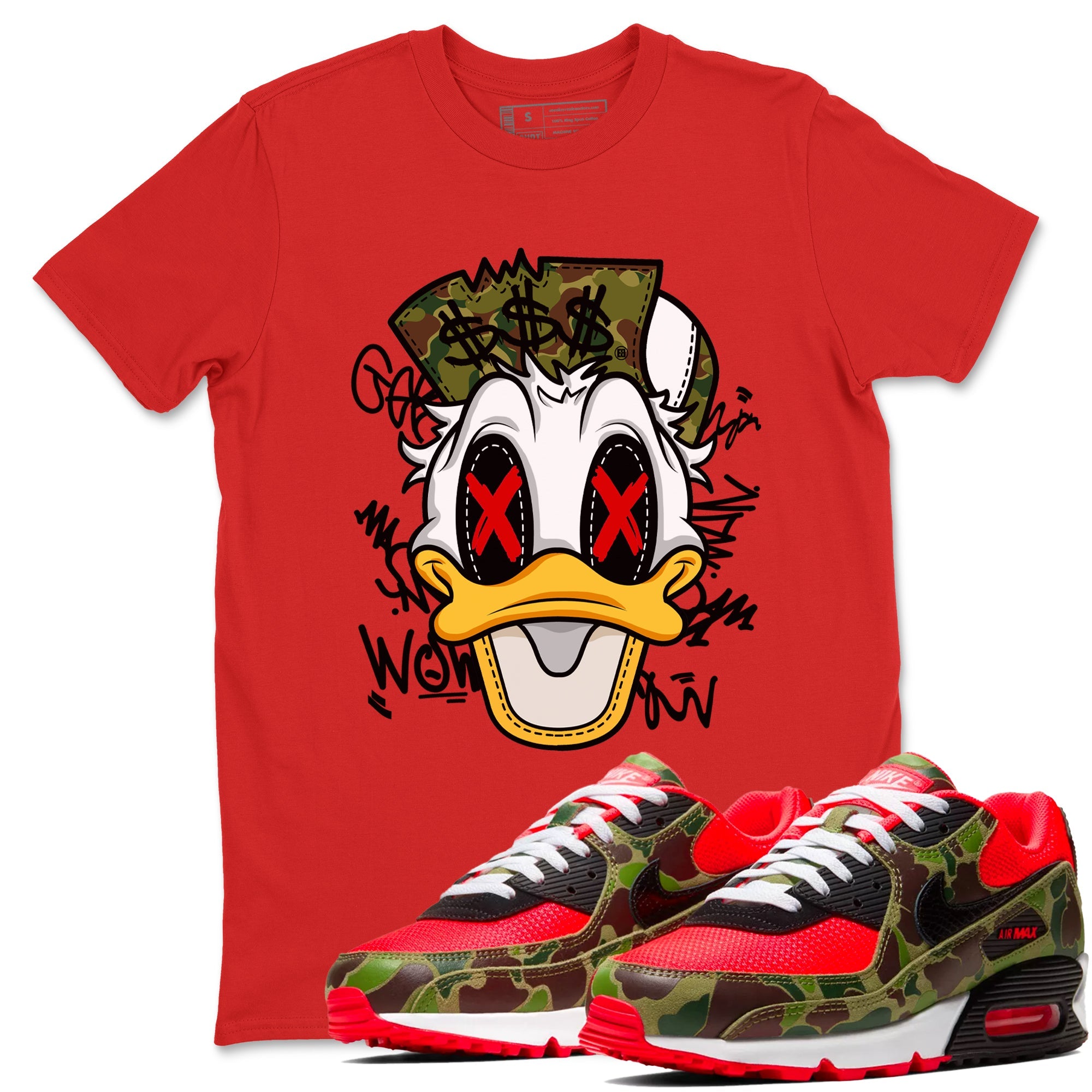 Air Max 90 Duck Camo shirts to match jordans Crazy Duck sneaker match tees Air Max 90 Reverse Duck Camo match shoes to clothes Drip Gear Zone unisex cotton Red 1 shirts