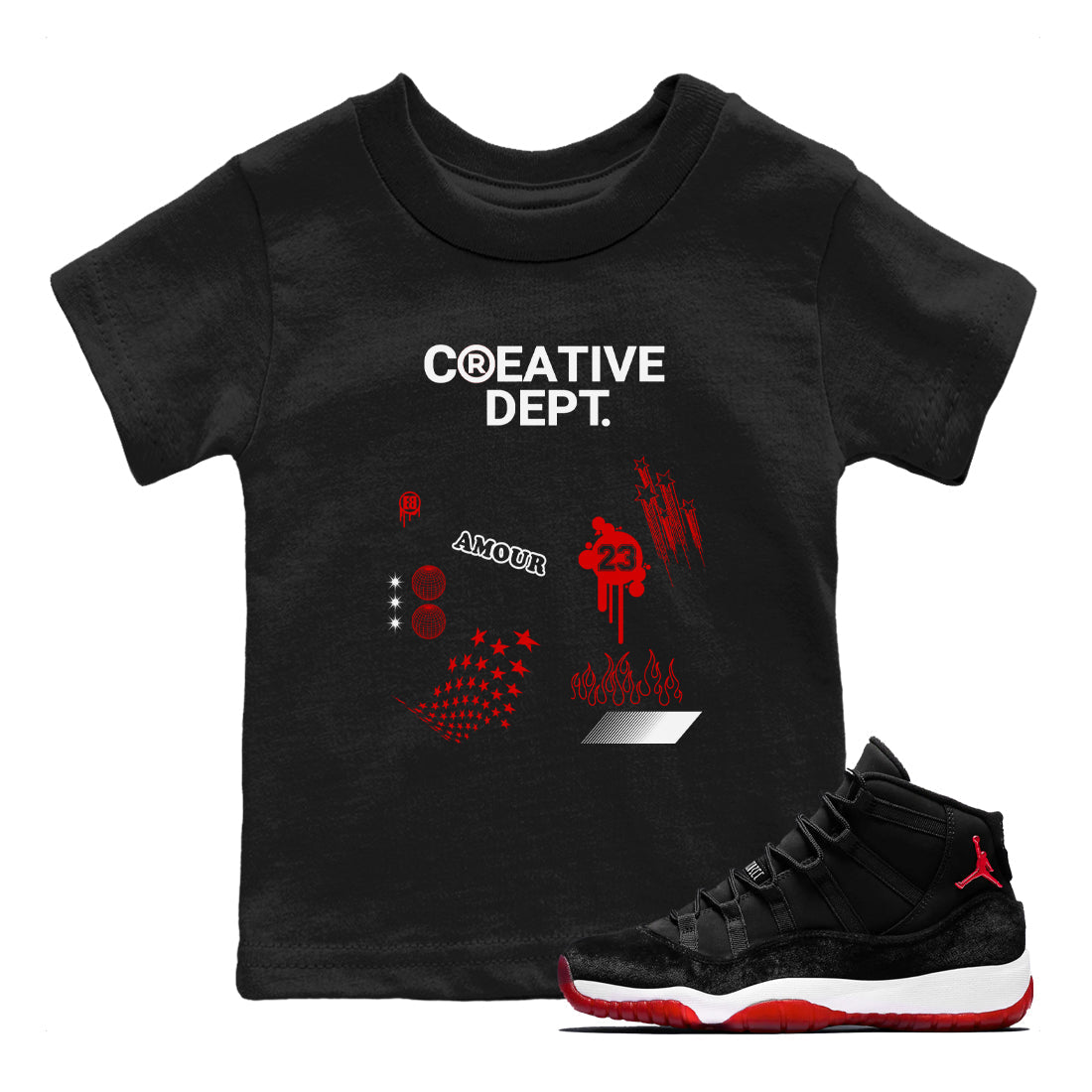 11s Bred Velvet Shirts To Match Jordans Creative Dept sneaker match tees Air Jordan 11 Bred Velvet Tee Drip Gear Zone Youth Baby Black 1 crew neck shirts