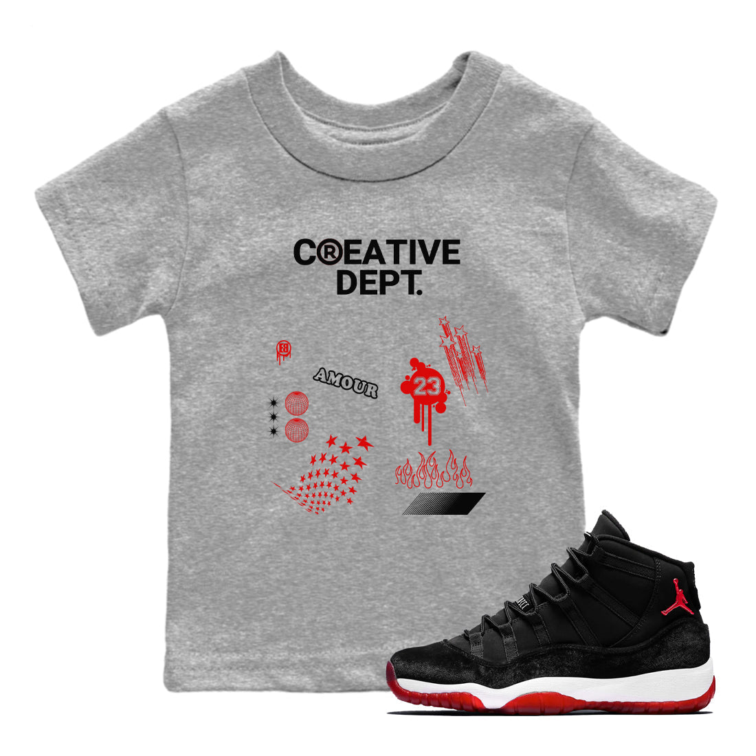 11s Bred Velvet Shirts To Match Jordans Creative Dept sneaker match tees Air Jordan 11 Bred Velvet Tee Drip Gear Zone Youth Baby Heather Grey 1 crew neck shirts