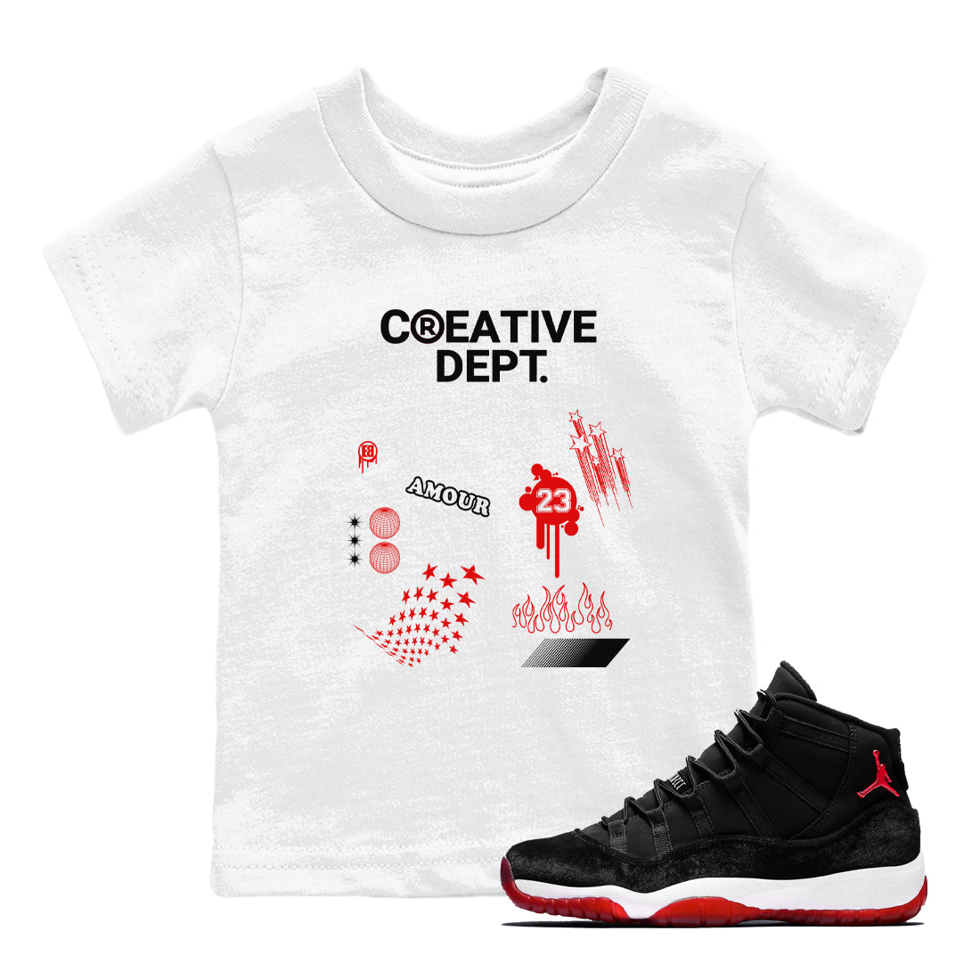 11s Bred Velvet Shirts To Match Jordans Creative Dept sneaker match tees Air Jordan 11 Bred Velvet Tee Drip Gear Zone Youth Baby White 1 crew neck shirts