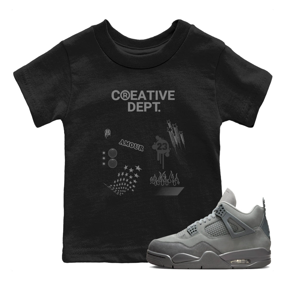 4s Wet Cement Shirts To Match Jordans Creative Dept sneaker match tees Air Jordan 4 Wet Cement Tee Drip Gear Zone Youth Baby Black 1 crew neck shirts