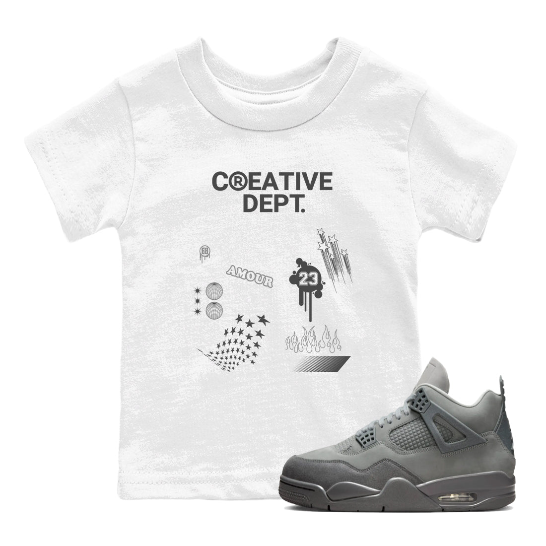 4s Wet Cement Shirts To Match Jordans Creative Dept sneaker match tees Air Jordan 4 Wet Cement Tee Drip Gear Zone Youth Baby White 1 crew neck shirts