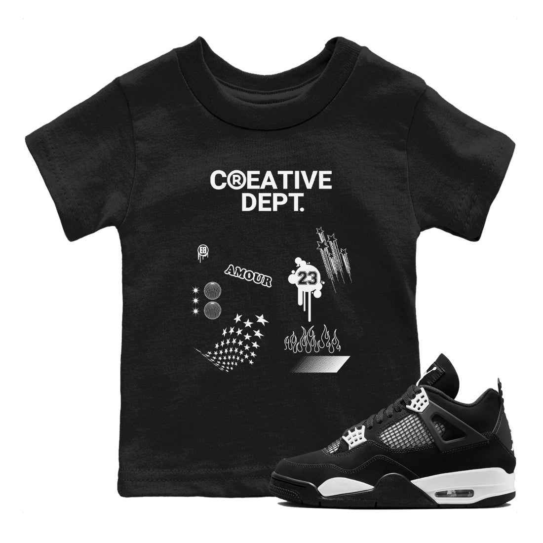 4s White Thunder Shirts To Match Jordans Creative Dept sneaker match tees Air Jordan 4 White Thunder Tee Drip Gear Zone Youth Baby Black 1 crew neck shirts