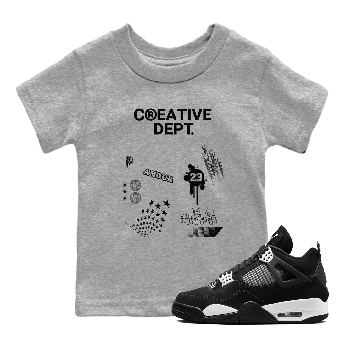 4s White Thunder Shirts To Match Jordans Creative Dept sneaker match tees Air Jordan 4 White Thunder Tee Drip Gear Zone Youth Baby Heather Grey 1 crew neck shirts