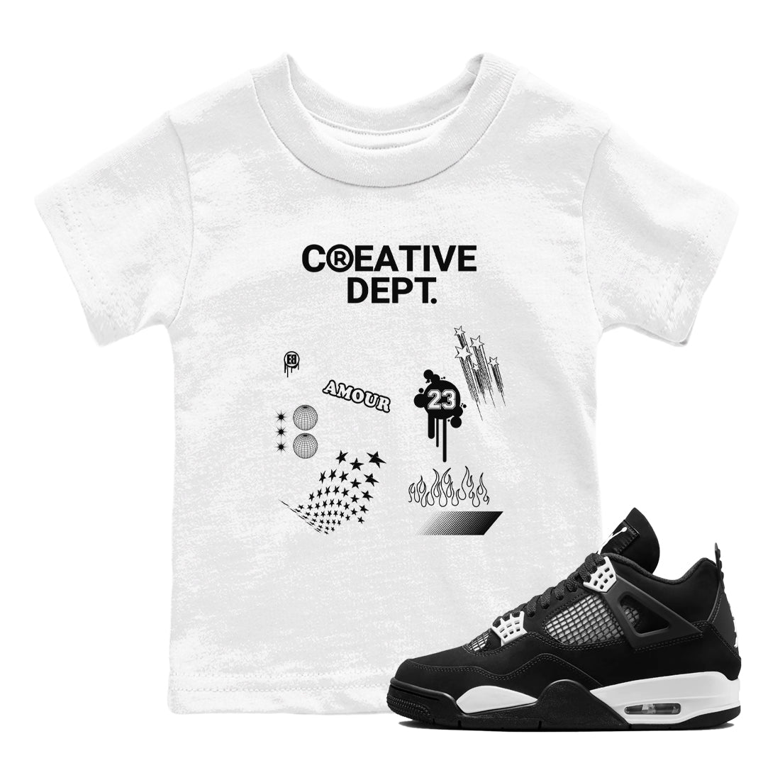4s White Thunder Shirts To Match Jordans Creative Dept sneaker match tees Air Jordan 4 White Thunder Tee Drip Gear Zone Youth Baby White 1 crew neck shirts
