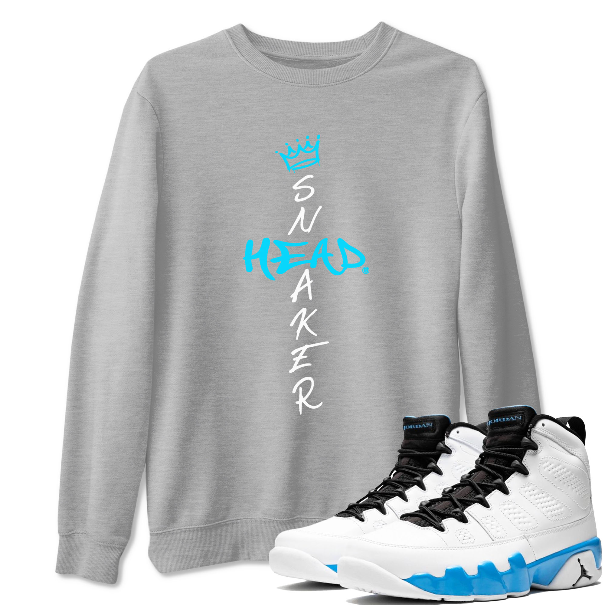 9s Powder Blue shirt to match jordans Cross Sneakerhead sneaker tees Air Jordan 9 Powder Blue Drip Gear Zone unisex cotton Heather Grey 1 crew neck shirt
