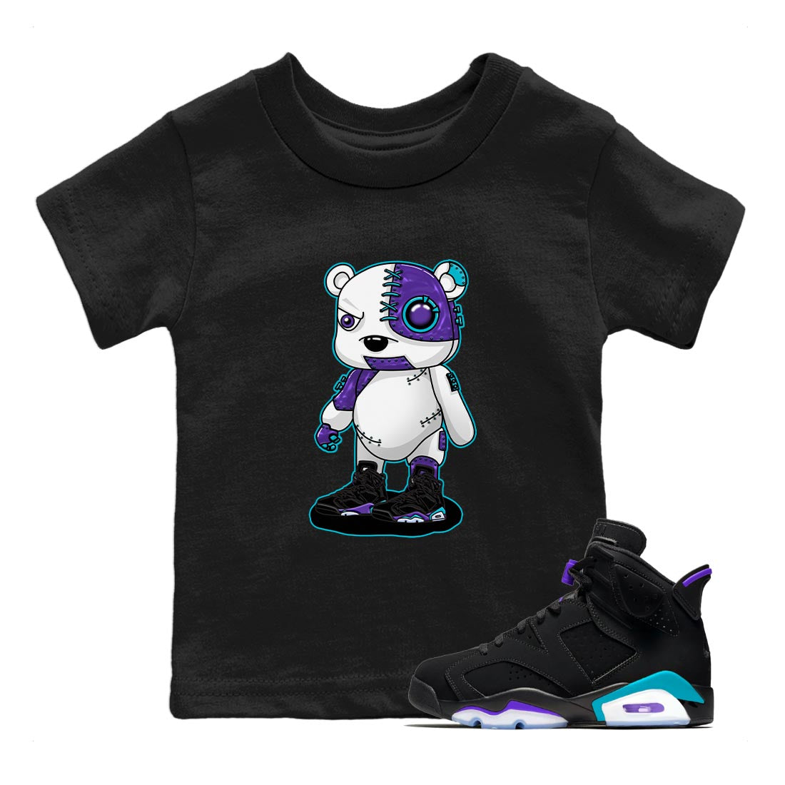 AJ6 Aqua shirt to match jordans Cyborg Bear sneaker release tees Air Jordan 6 Aqua Drip Gear Zone Baby Toddler Black 1 T-Shirt