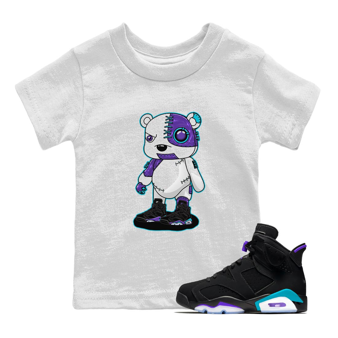 AJ6 Aqua shirt to match jordans Cyborg Bear sneaker release tees Air Jordan 6 Aqua Drip Gear Zone Baby Toddler White 1 T-Shirt
