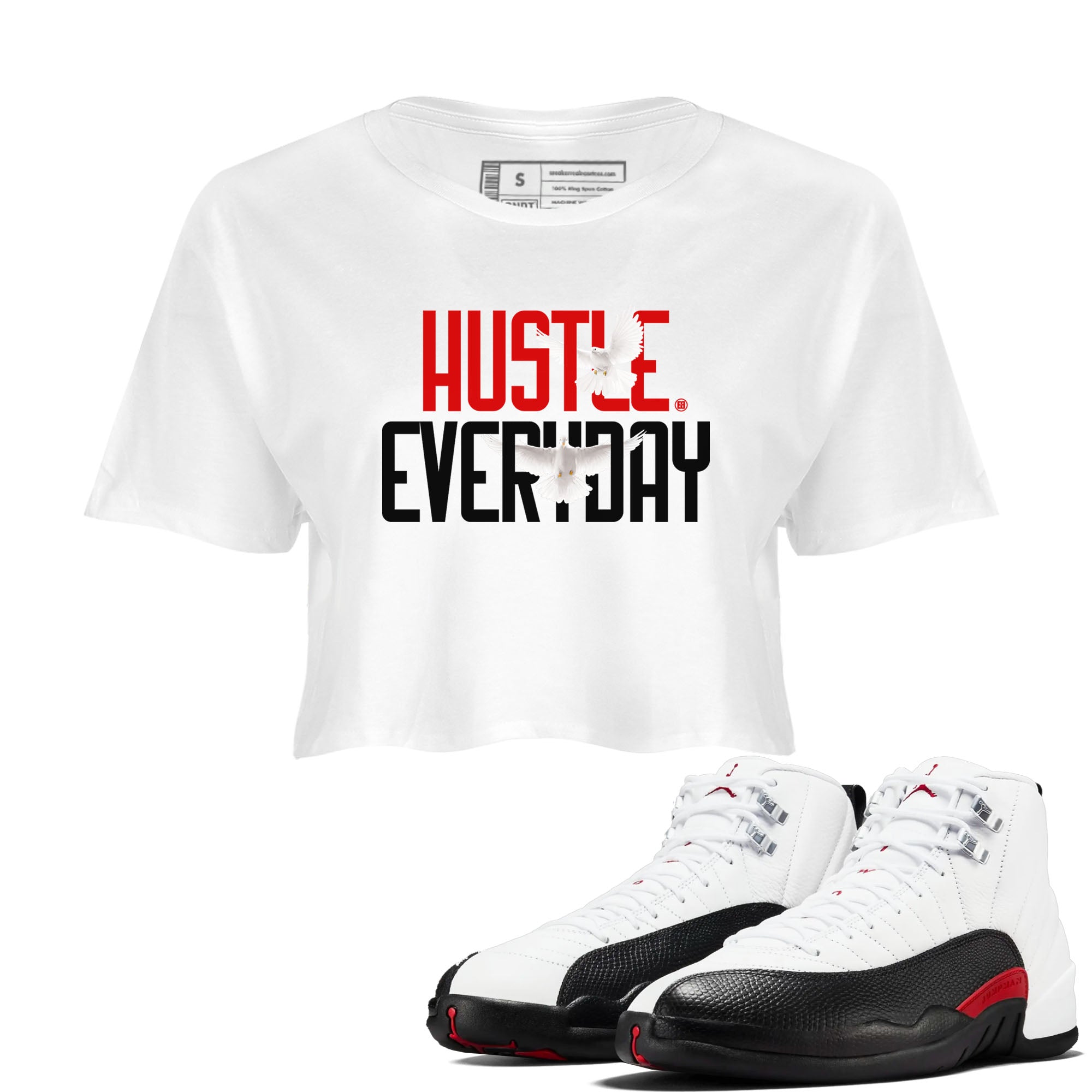 Air Jordan 12 Retro Taxi Flip shirts to match jordans Daily Hustle sneaker match tees 12s Red Taxi Drip Gear Zone White 1 crop length shirt
