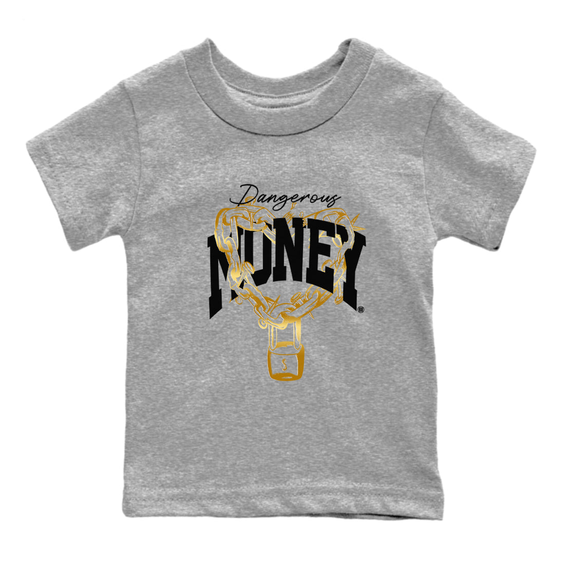 Air Jordan 1 High OG Black Metallic Gold shirts to match jordans Dangerous Money sneaker match tees Jordan 1 Black Metallic Gold Drip Gear Zone streetwear brand Baby and Youth Heather Grey 2 cotton tee