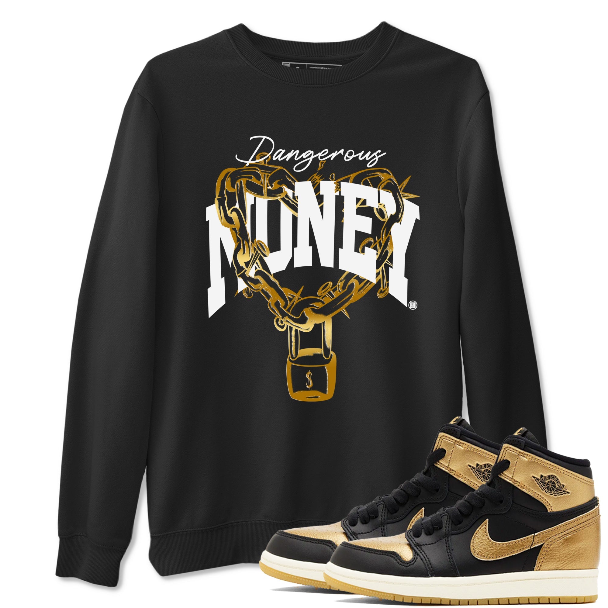 Air Jordan 1 High OG Black Metallic Gold shirts to match jordans Dangerous Money sneaker match tees Jordan 1 Black Metallic Gold Drip Gear Zone streetwear brand Black 1 unisex cotton tee