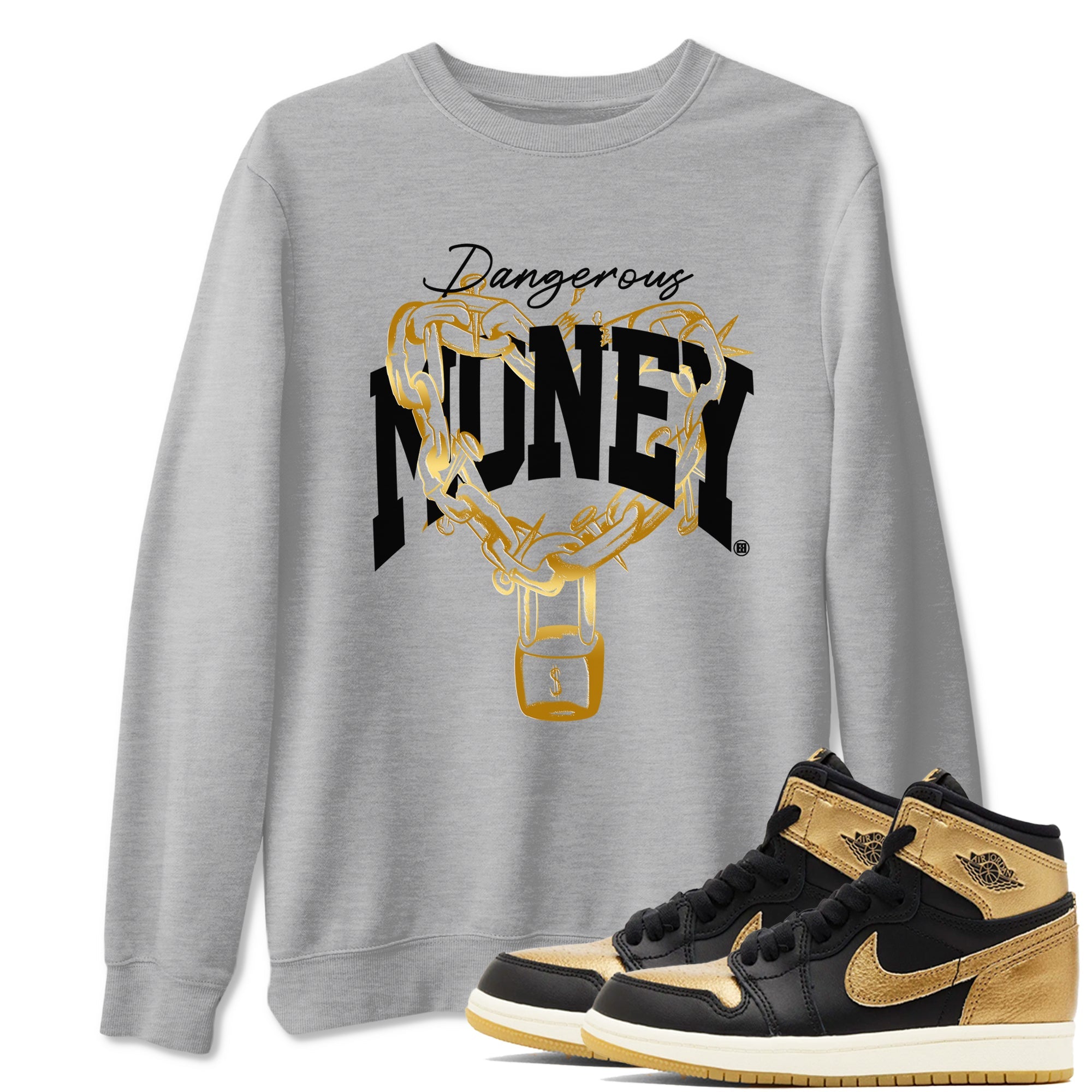 Air Jordan 1 High OG Black Metallic Gold shirts to match jordans Dangerous Money sneaker match tees Jordan 1 Black Metallic Gold Drip Gear Zone streetwear brand Heather Grey 1 unisex cotton tee