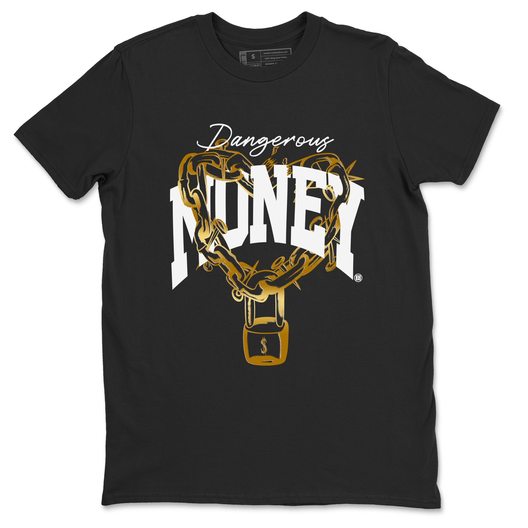 Air Jordan 1 High OG Black Metallic Gold shirts to match jordans Dangerous Money sneaker match tees Jordan 1 Black Metallic Gold Drip Gear Zone streetwear brand Black 2 unisex cotton tee