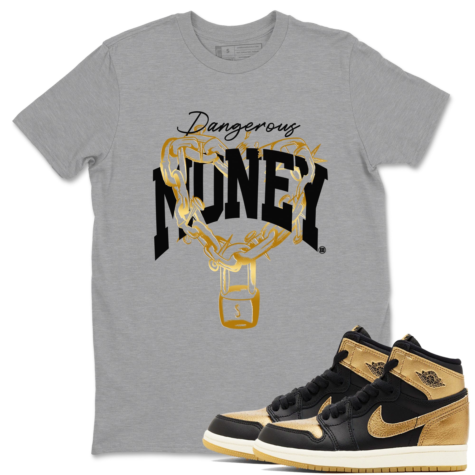Air Jordan 1 High OG Black Metallic Gold shirts to match jordans Dangerous Money sneaker match tees Jordan 1 Black Metallic Gold Drip Gear Zone streetwear brand Heather Grey 1 unisex cotton tee
