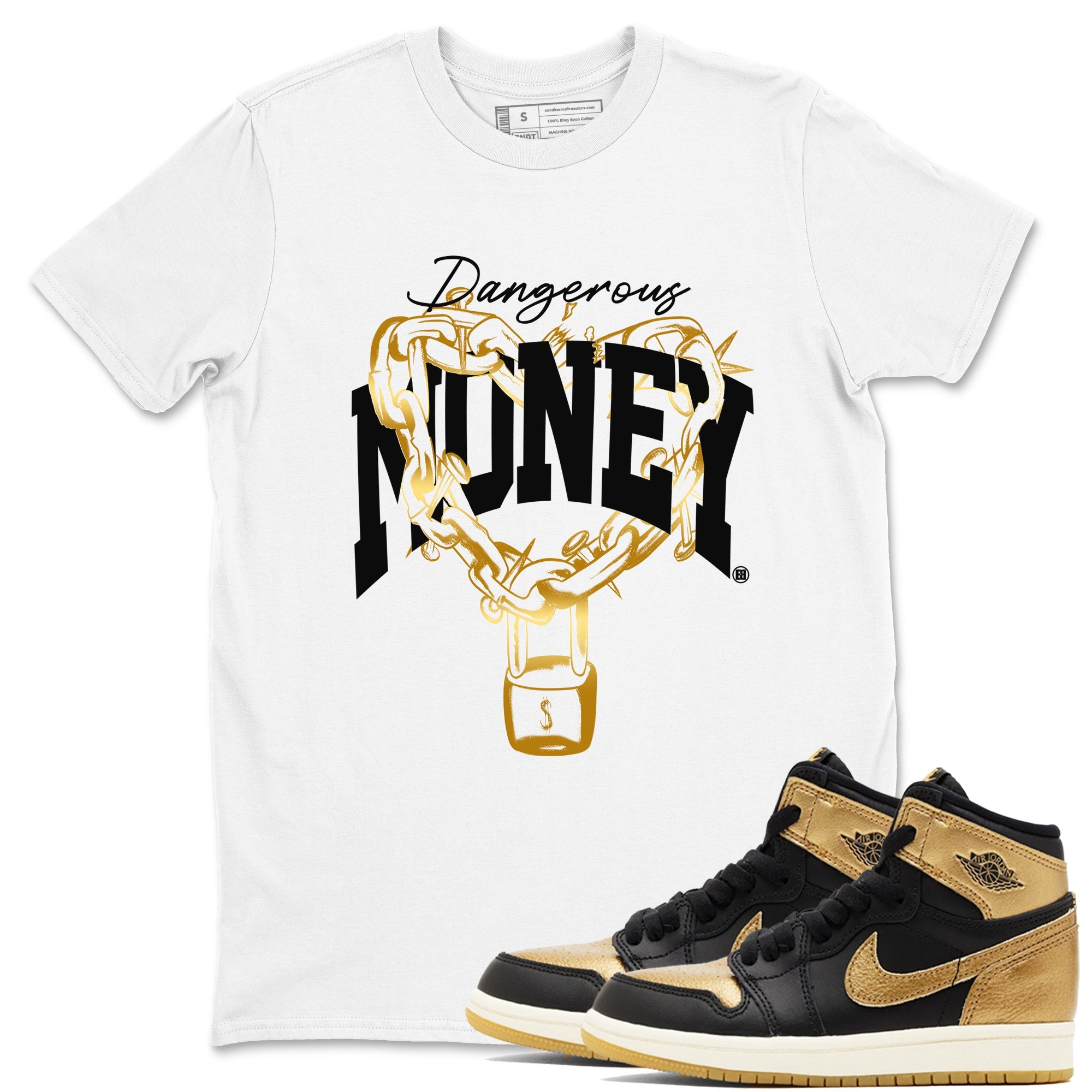 Air Jordan 1 High OG Black Metallic Gold shirts to match jordans Dangerous Money sneaker match tees Jordan 1 Black Metallic Gold Drip Gear Zone streetwear brand White 1 unisex cotton tee