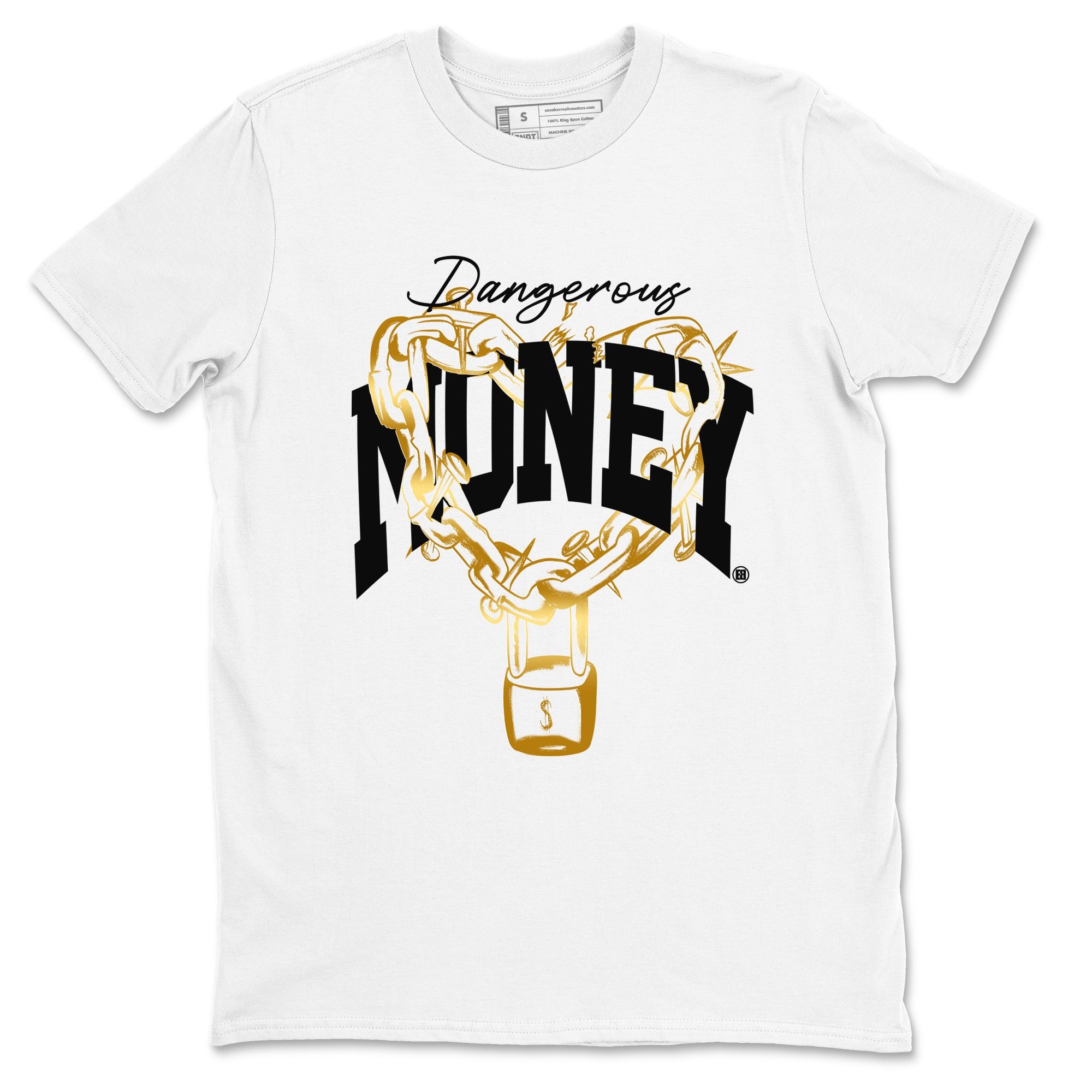 Air Jordan 1 High OG Black Metallic Gold shirts to match jordans Dangerous Money sneaker match tees Jordan 1 Black Metallic Gold Drip Gear Zone streetwear brand White 2 unisex cotton tee