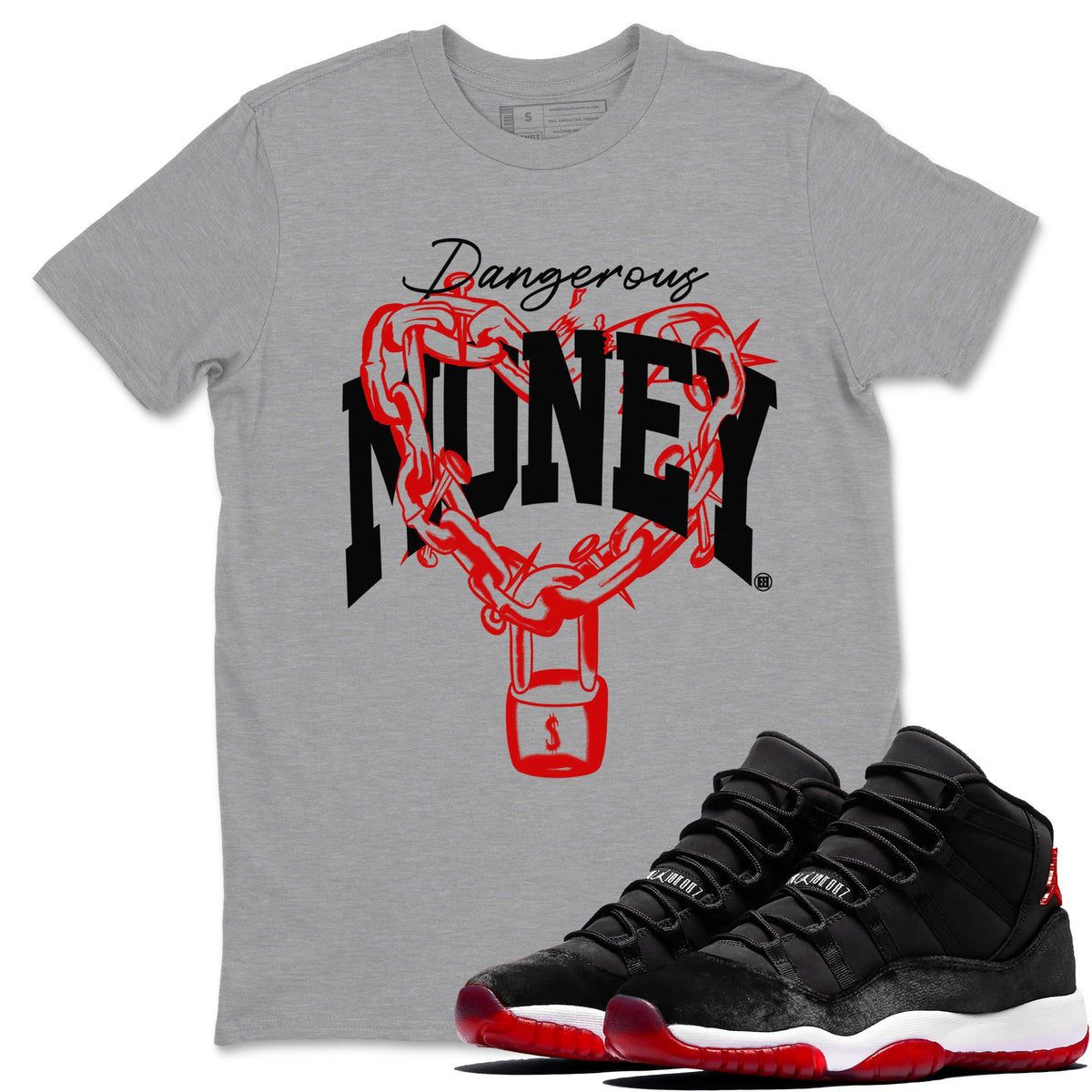 11s Bred Velvet shirts to match jordans Dangerous Money sneaker match tees Air Jordan 11 Bred Velvet match shoes to clothes Drip Gear Zone unisex cotton Heather Grey 1 shirts