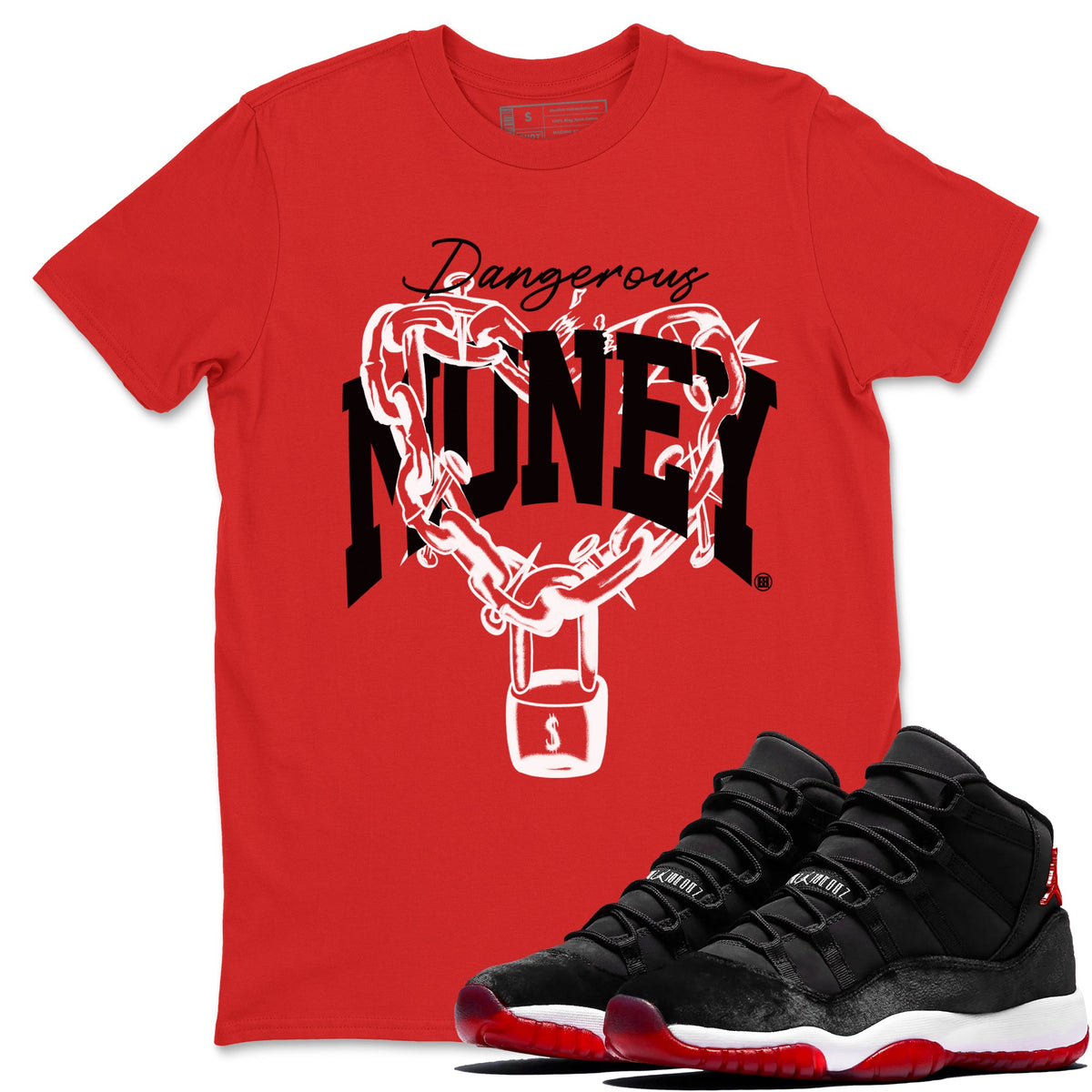 11s Bred Velvet shirts to match jordans Dangerous Money sneaker match tees Air Jordan 11 Bred Velvet match shoes to clothes Drip Gear Zone unisex cotton Red 1 shirts