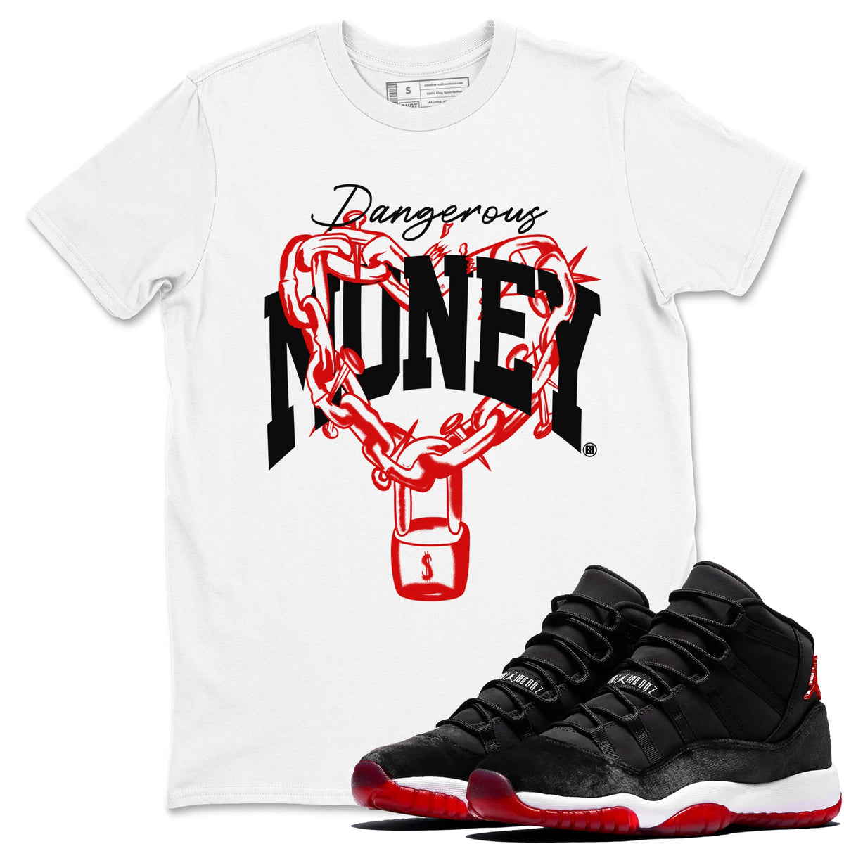 11s Bred Velvet shirts to match jordans Dangerous Money sneaker match tees Air Jordan 11 Bred Velvet match shoes to clothes Drip Gear Zone unisex cotton White 1 shirts
