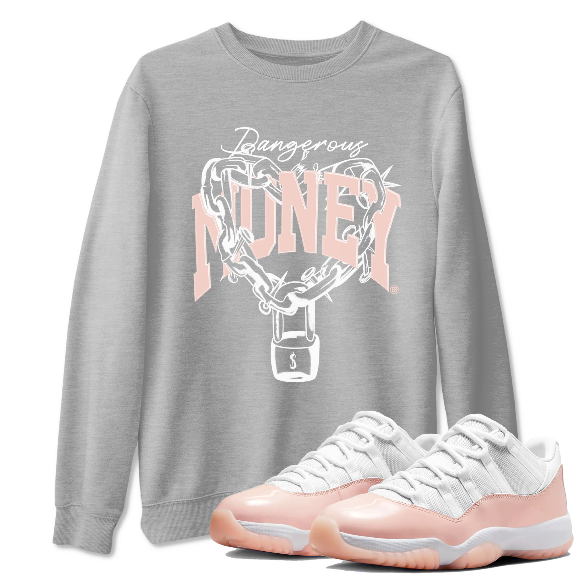 11s Legend Pink shirt to match jordans Dangerous Money sneaker tees Air Jordan 11 Legend Pink Drip Gear Zone unisex cotton Heather Grey 1 crew neck shirt