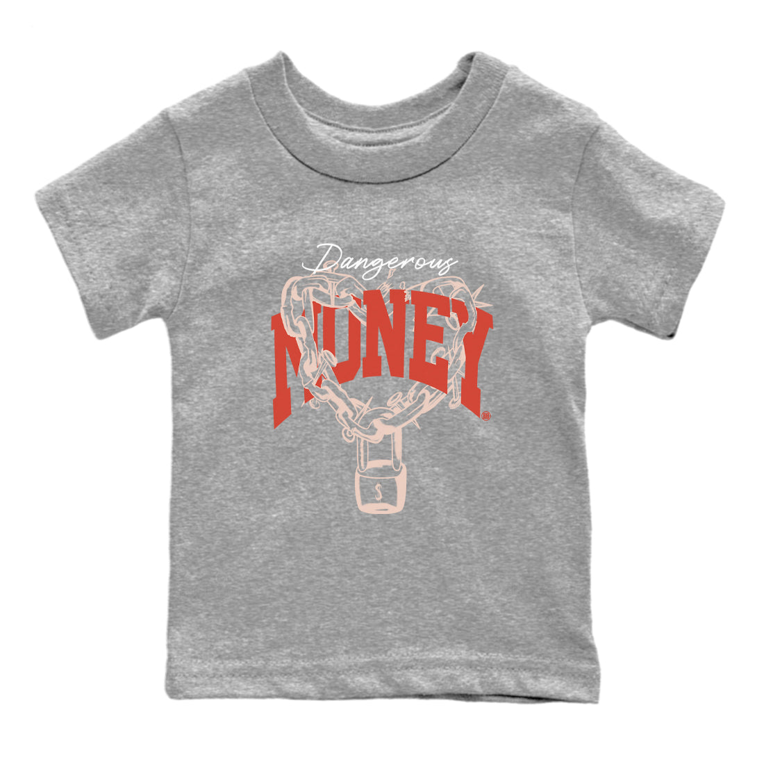 13s Dune Red shirts to match jordans Dangerous Money sneaker match tees Air Jordan 13 Dune Red Drip Gear Zone streetwear brand Baby and Youth Heather Grey 2 cotton tee