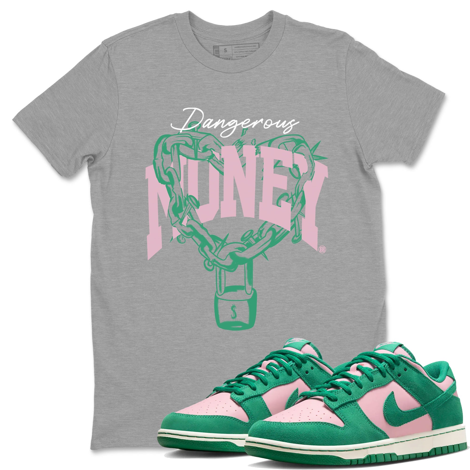 Dunk Low Medium Soft Pink Malachite shirt to match jordans Dangerous Money sneaker tees Dunks Medium Soft Pink Malachite Streetwear Brand Drip Gear Zone unisex cotton Heather Grey 1 crew neck shirt