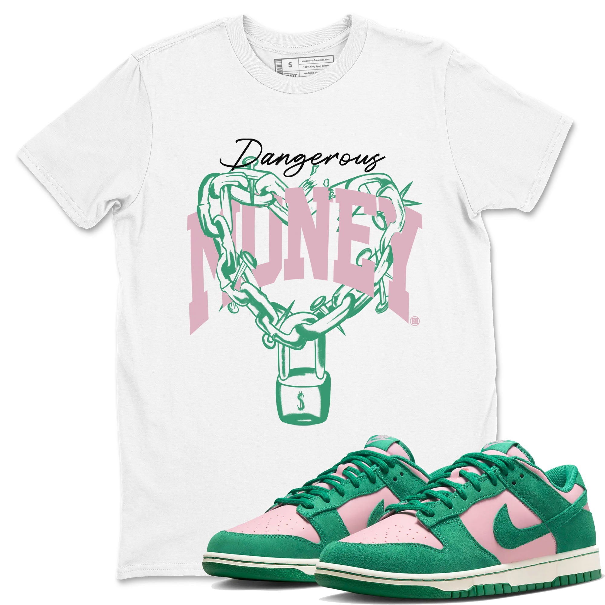 Dunk Low Medium Soft Pink Malachite shirt to match jordans Dangerous Money sneaker tees Dunks Medium Soft Pink Malachite Streetwear Brand Drip Gear Zone unisex cotton White 1 crew neck shirt