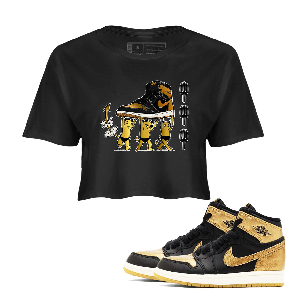 Air Jordan 1 High OG Black Metallic Gold shirts to match jordans Devil Babies sneaker match tees 1s Black Metallic Gold Drip Gear Zone unisex cotton Black 1 Crop Shirts