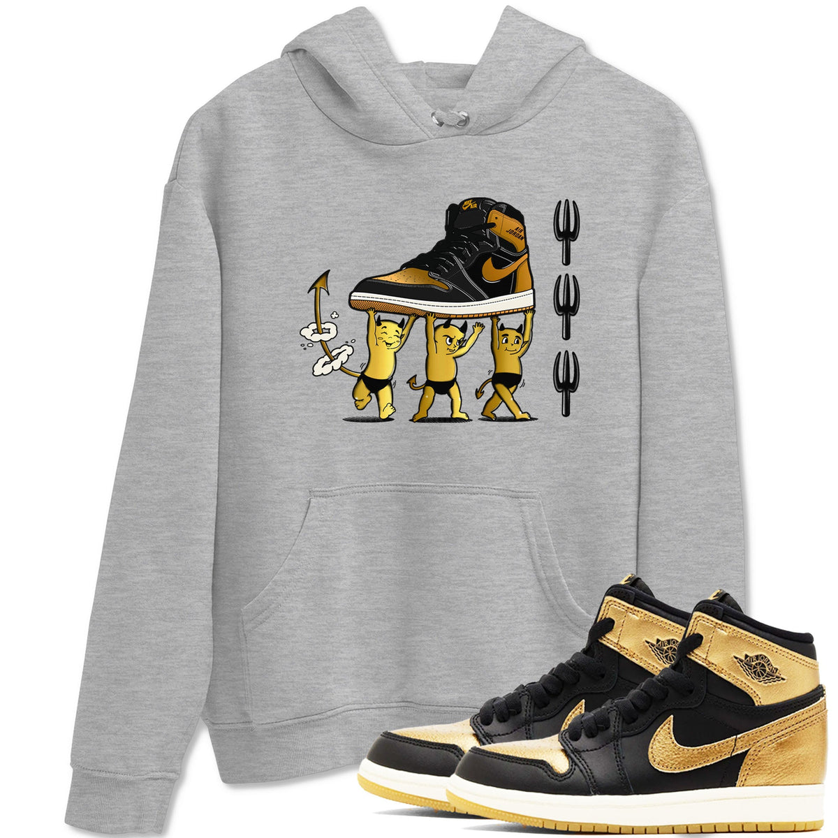 Air Jordan 1 High OG Black Metallic Gold shirts to match jordans Devil Babies sneaker match tees 1s Black Metallic Gold Drip Gear Zone unisex cotton Heather Grey 1 crew neck shirts