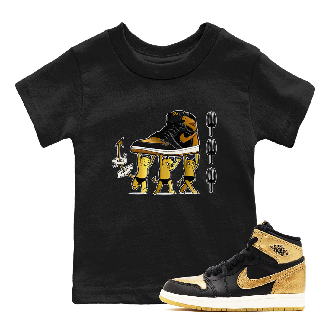 Air Jordan 1 High OG Black Metallic Gold shirts to match jordans Devil Babies sneaker match tees 1s Black Metallic Gold Drip Gear Zone Youth Baby Black 1 crew neck shirts