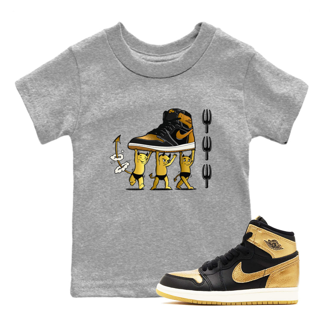 Air Jordan 1 High OG Black Metallic Gold shirts to match jordans Devil Babies sneaker match tees 1s Black Metallic Gold Drip Gear Zone Youth Baby Heather Grey 1 crew neck shirts
