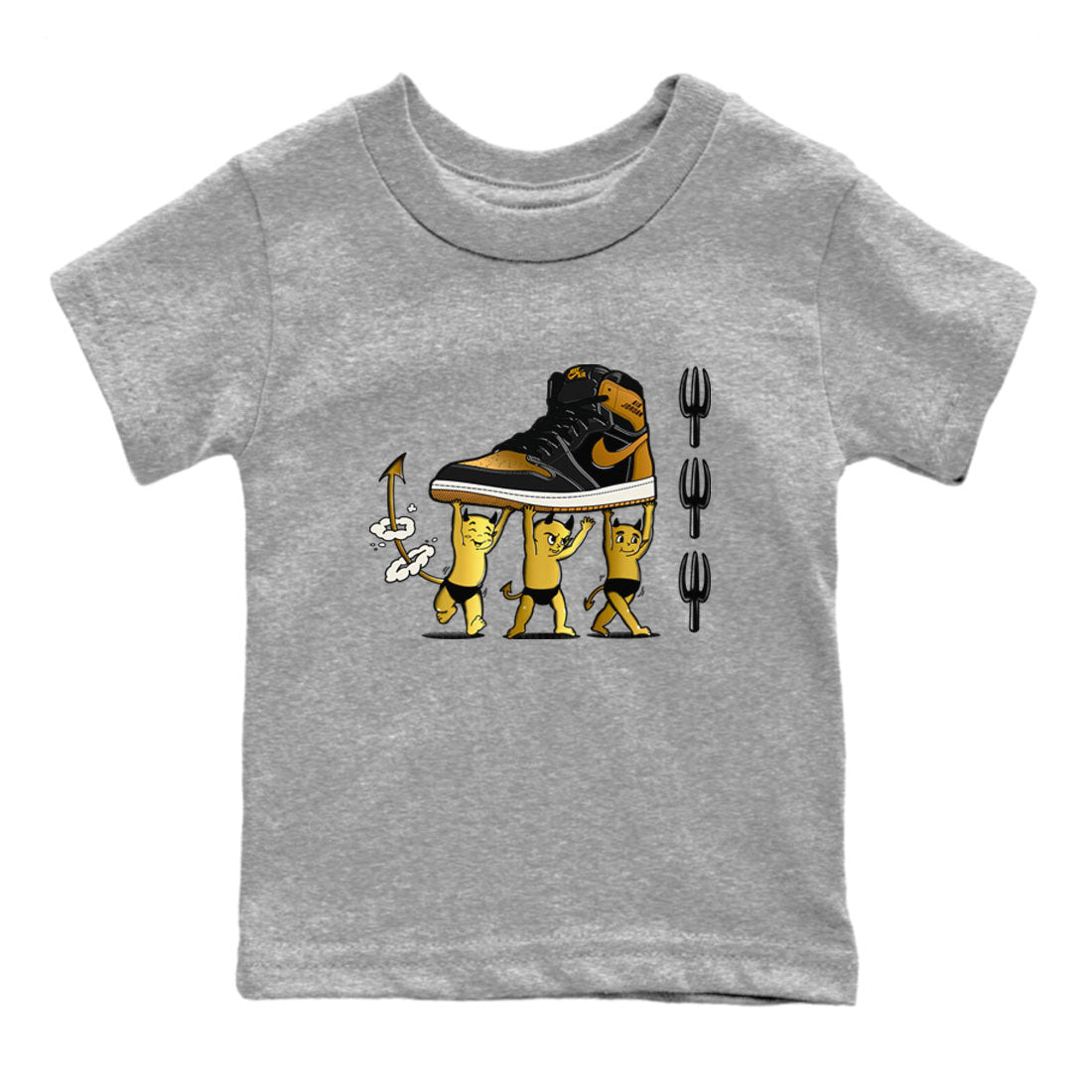 Air Jordan 1 High OG Black Metallic Gold shirts to match jordans Devil Babies sneaker match tees 1s Black Metallic Gold Drip Gear Zone Youth Baby Heather Grey 2 crew neck shirts