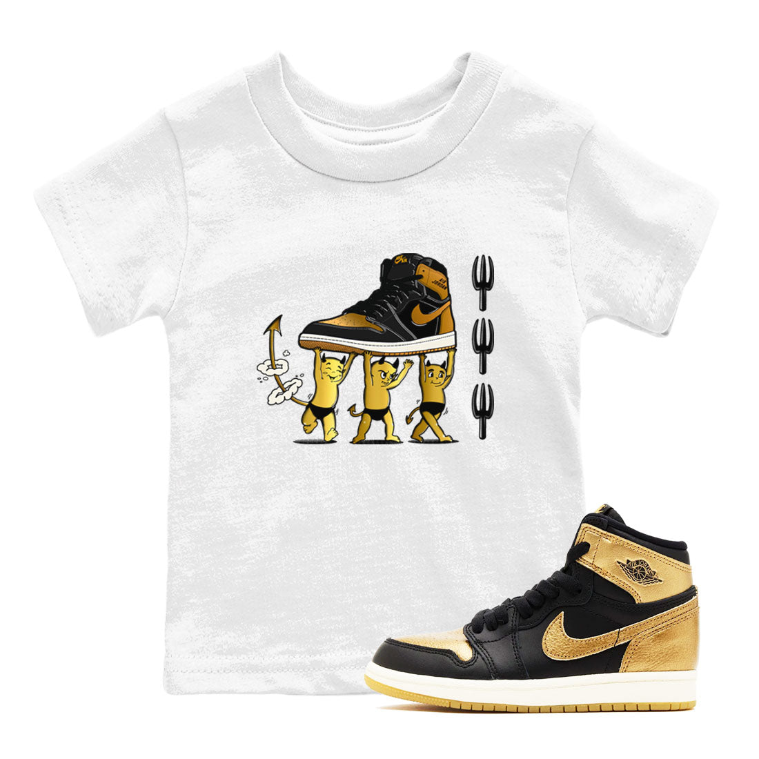 Air Jordan 1 High OG Black Metallic Gold shirts to match jordans Devil Babies sneaker match tees 1s Black Metallic Gold Drip Gear Zone Youth Baby White 1 crew neck shirts