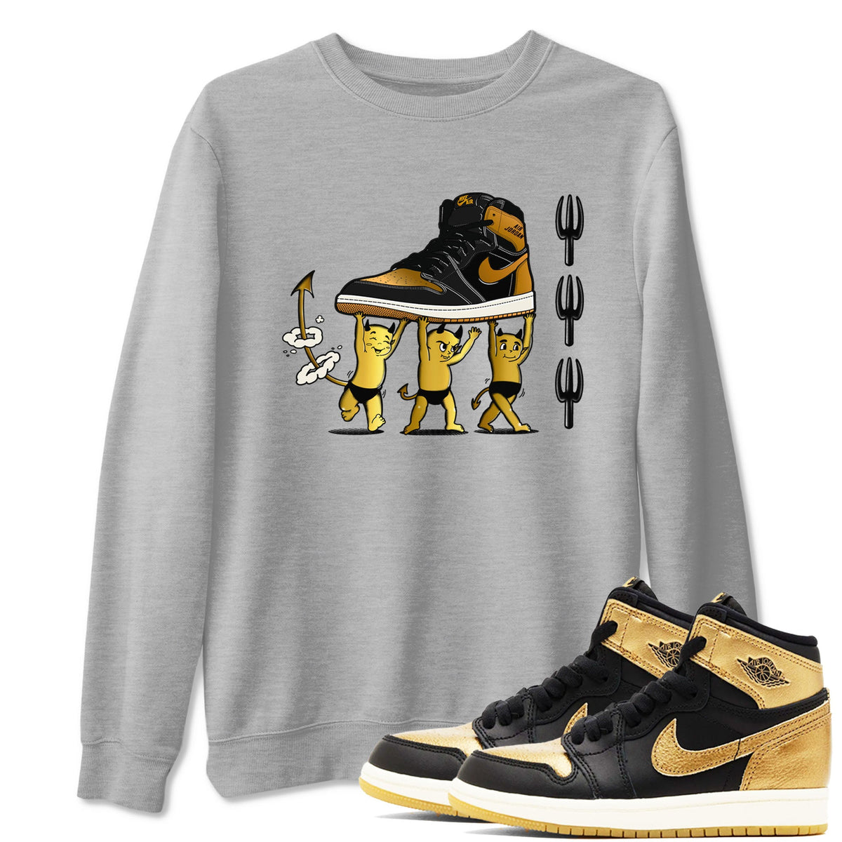 Air Jordan 1 High OG Black Metallic Gold shirts to match jordans Devil Babies sneaker match tees 1s Black Metallic Gold Drip Gear Zone unisex cotton Heather Grey 1 crew neck shirts